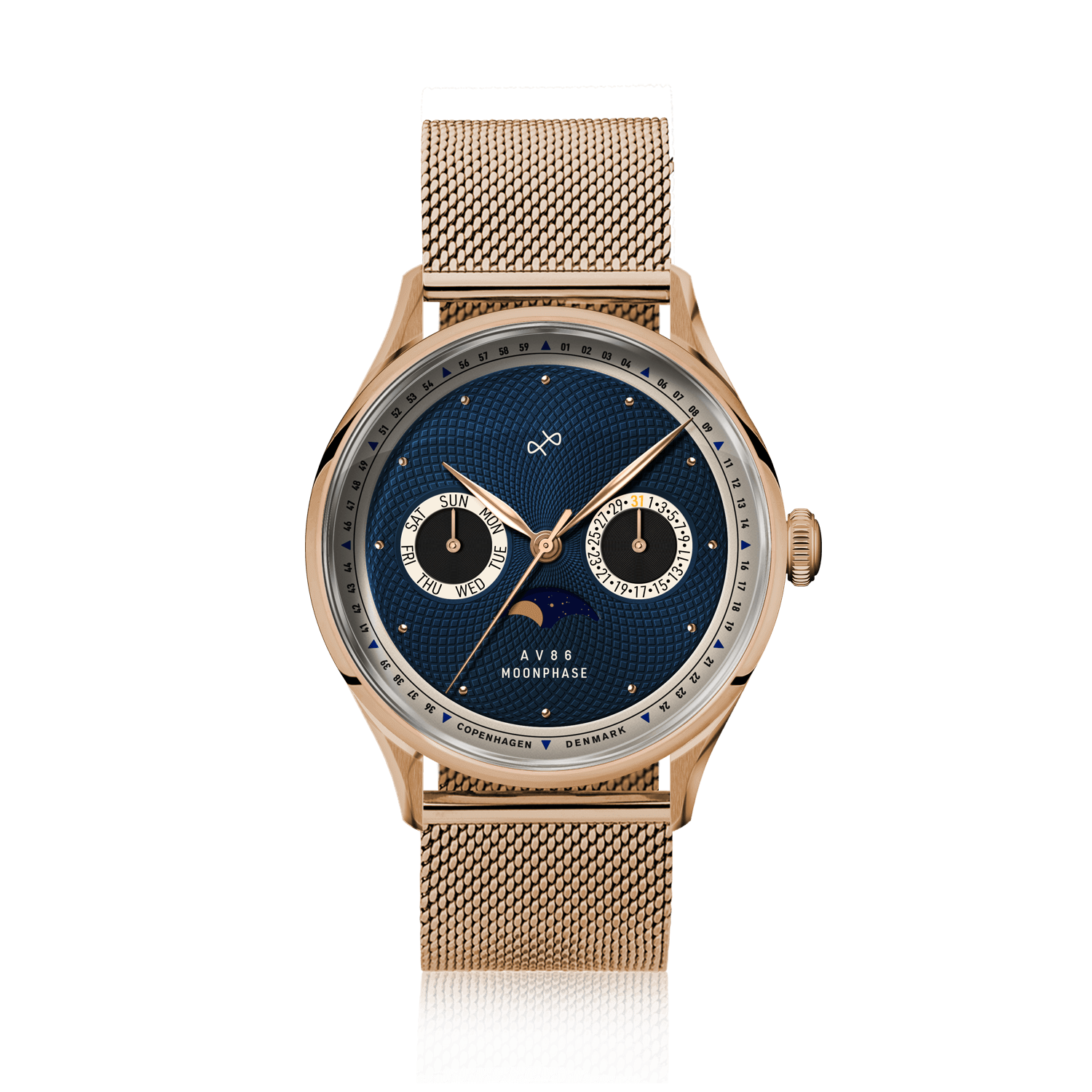 1968 Moonphase by AV86 luxury Moonphase watch with sapphire crystal, textured dial, rose gold case, and mesh bracelet strap