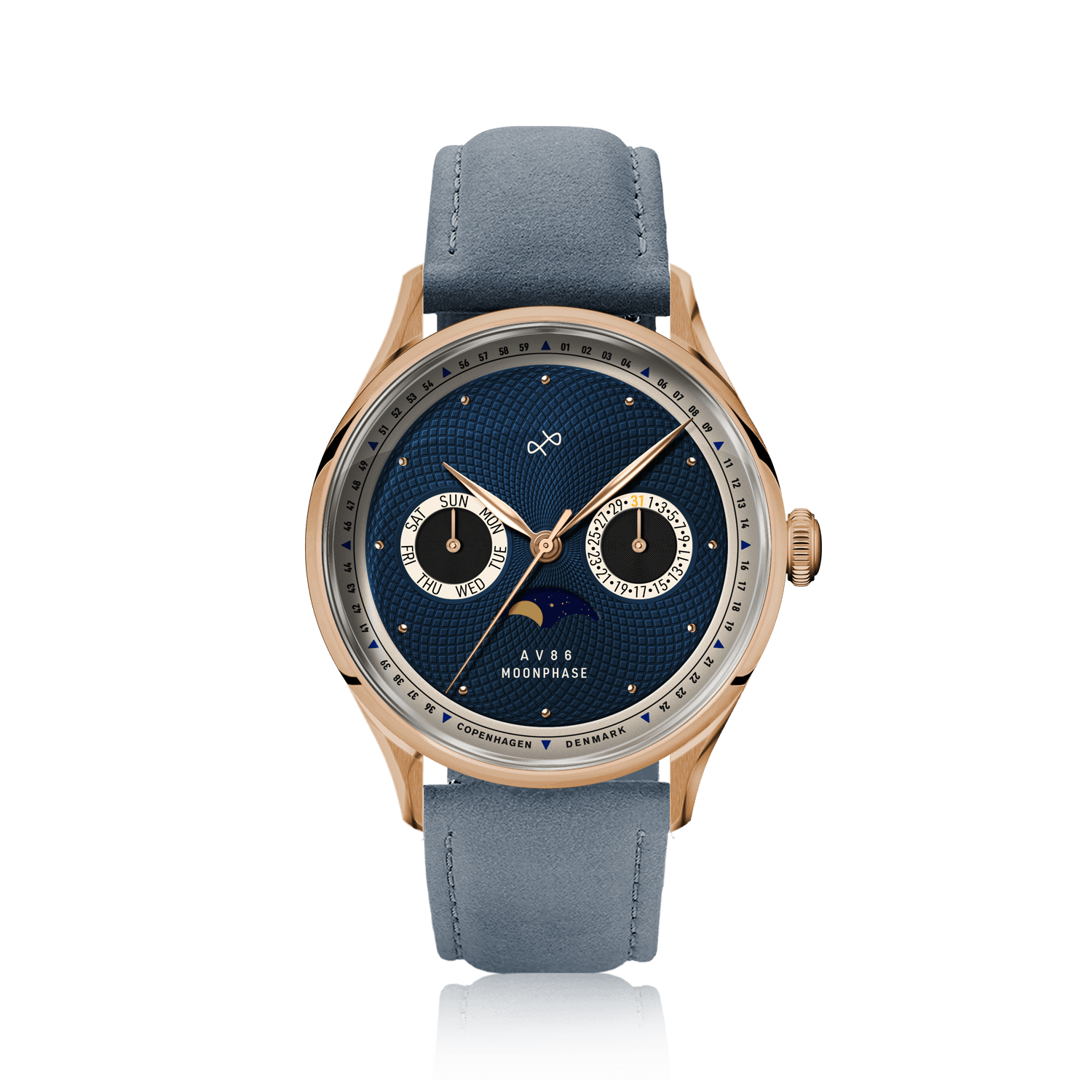 1968 Moonphase, Rose Gold / Dark Blue by AV86 luxury moonphase watch with sapphire crystal, rose gold case, and leather strap