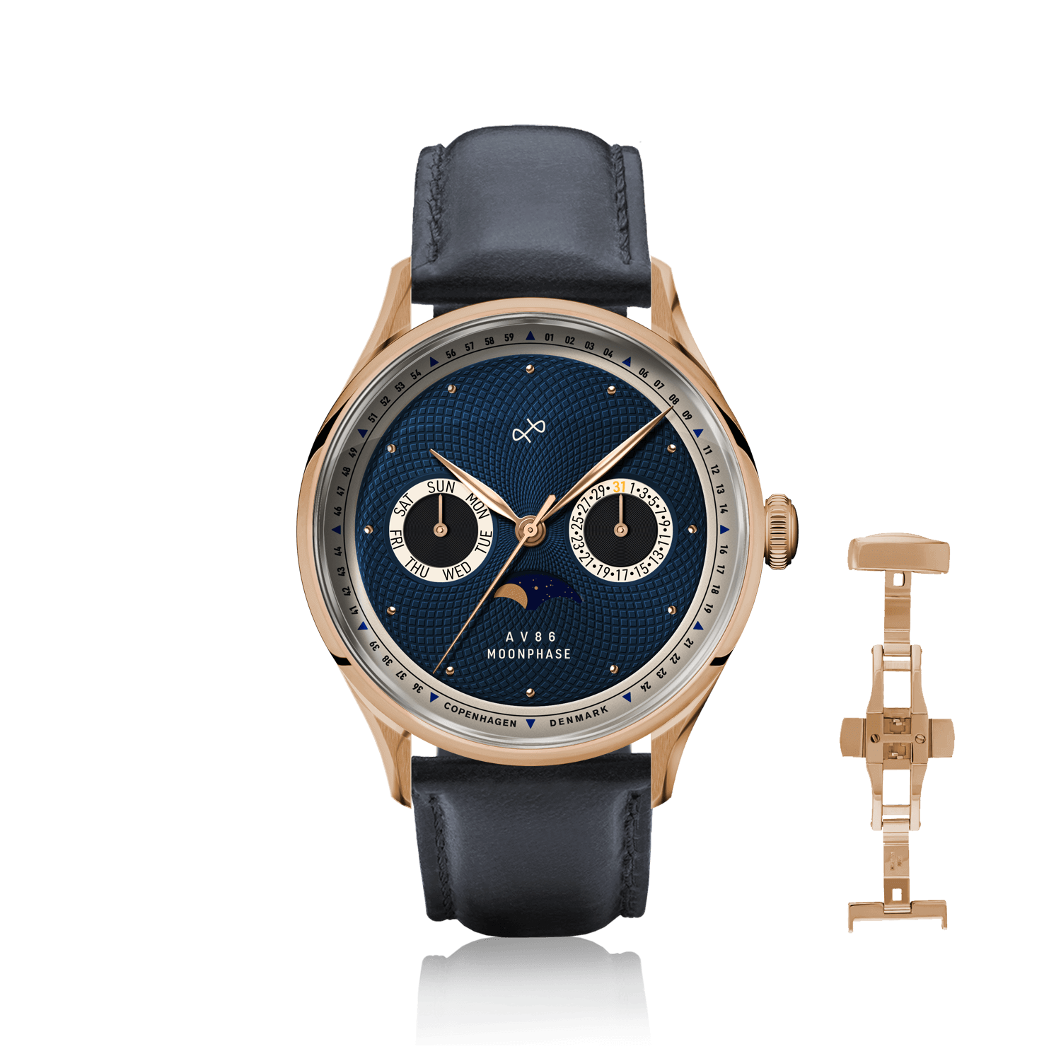 1968 Moonphase, Rose Gold / Dark Blue by AV86 with moonphase, sapphire crystal, rose gold case, and dark leather strap