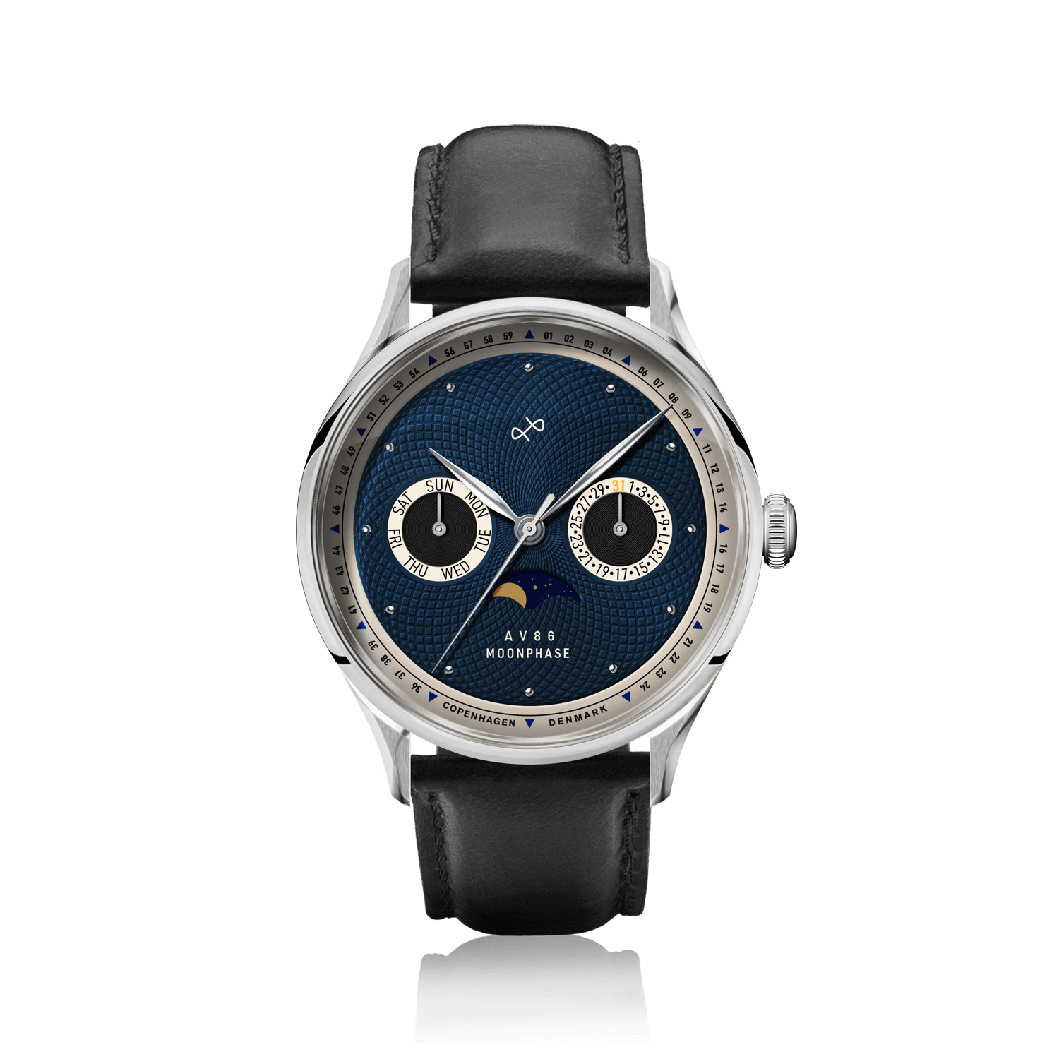 1968 Moonphase by AV86 luxury moonphase watch with sapphire crystal, textured navy dial, and black leather strap