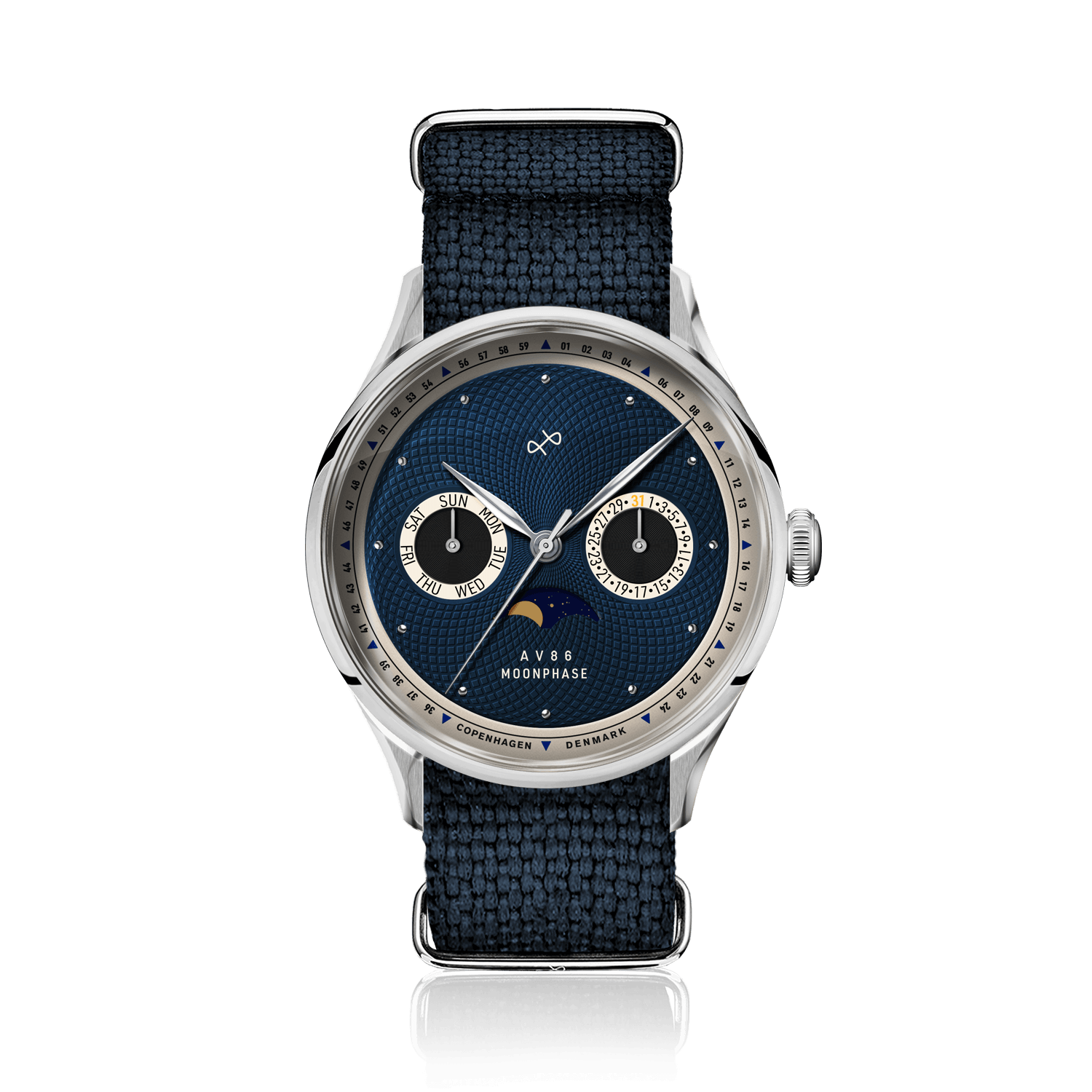 1968 Moonphase by AV86 with vintage-inspired moonphase dial, sapphire crystal, and textured blue fabric strap