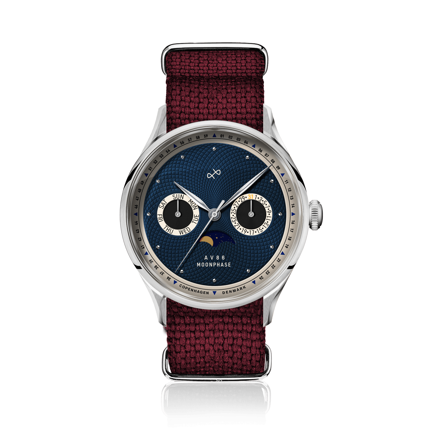 1968 Moonphase by AV86 vintage-inspired moonphase watch with sapphire crystal, textured dial, and burgundy fabric strap