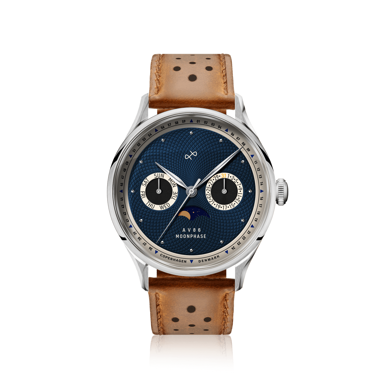 1968 Moonphase by AV86 vintage-inspired moonphase watch with sapphire crystal, textured dark dial, and perforated leather strap