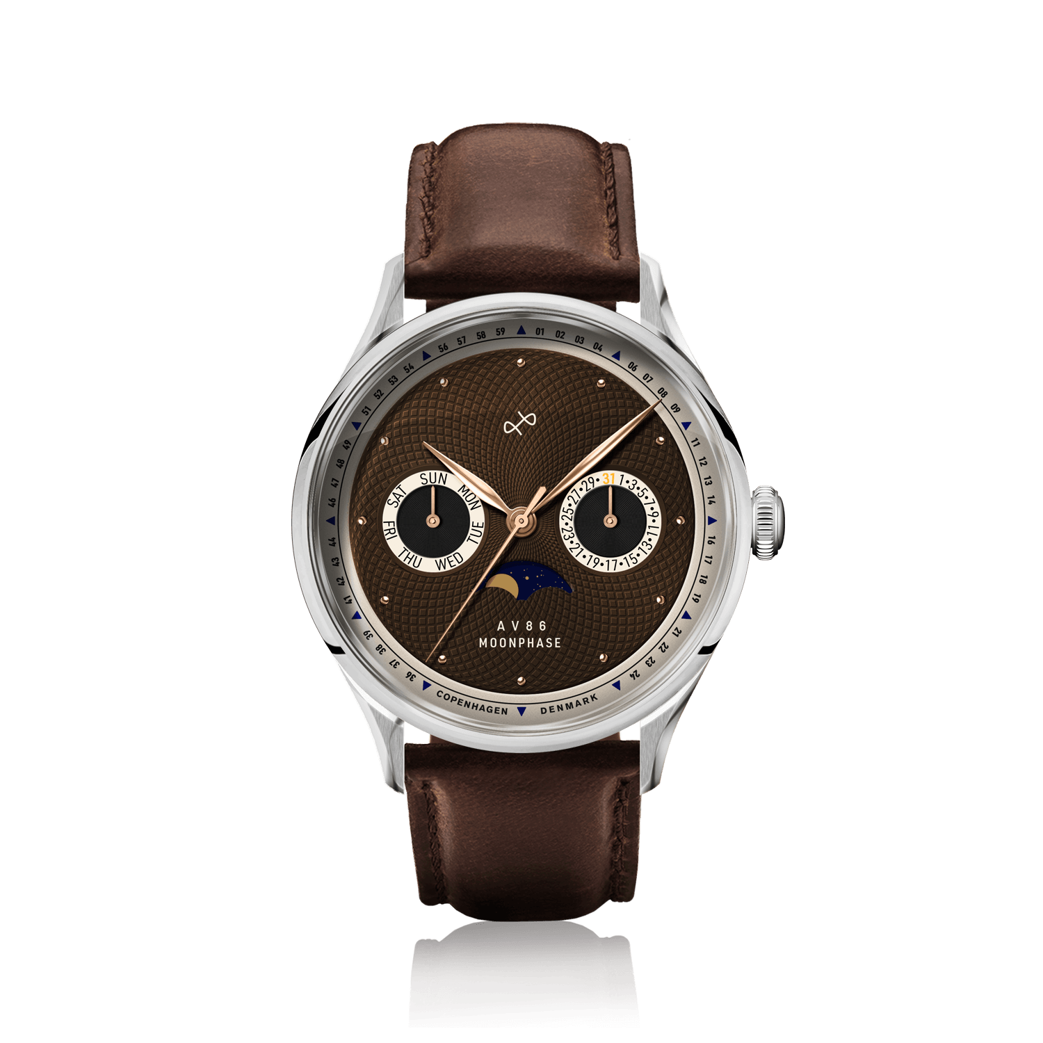 1968 Moonphase by AV86 with vintage-inspired dial, moonphase complication, sapphire crystal, and brown leather strap