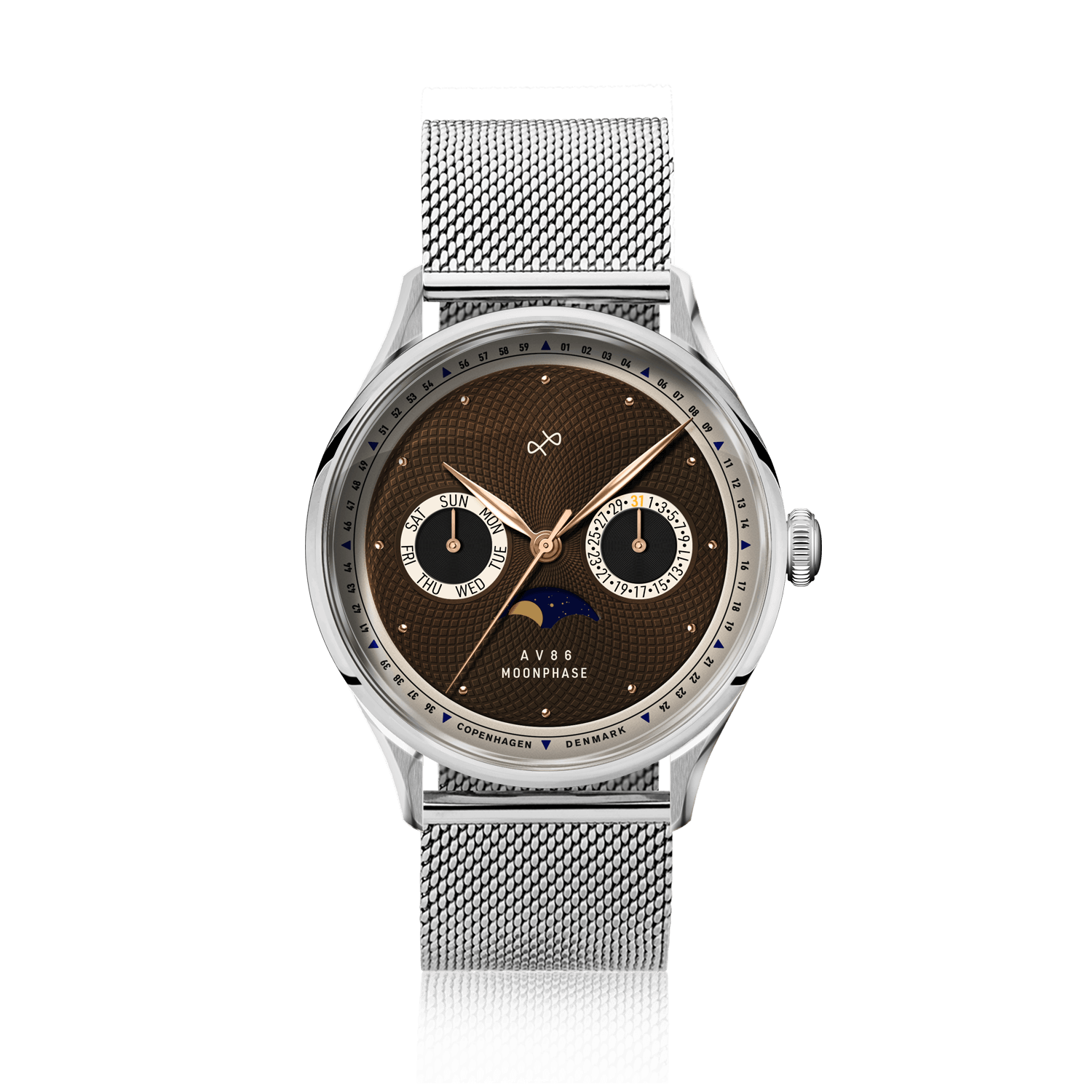 1968 Moonphase by AV86 luxury moonphase watch with textured dial, sapphire crystal, day-date subdials, and mesh metal strap