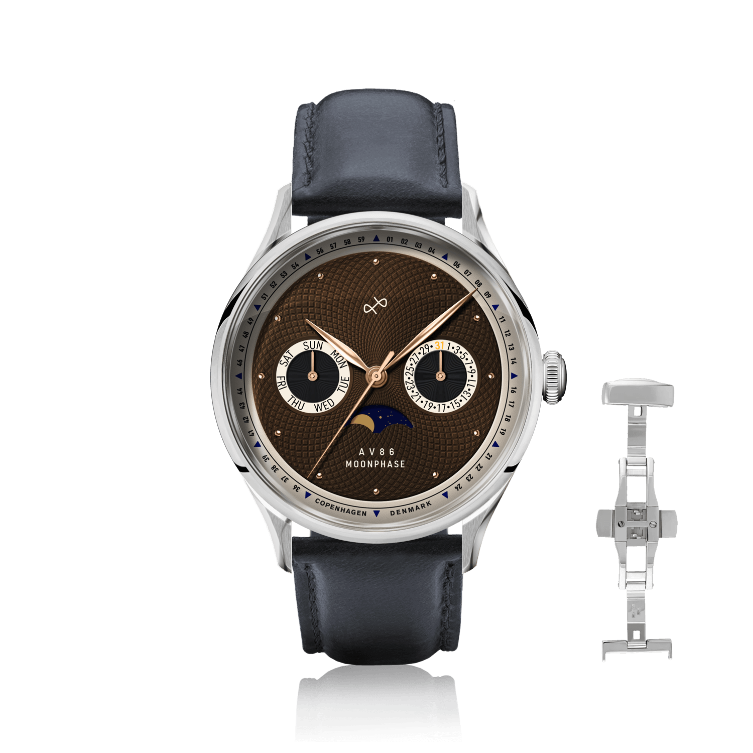 1968 Moonphase by AV86 luxury moonphase watch with sapphire crystal, textured dial, steel case, and black leather strap