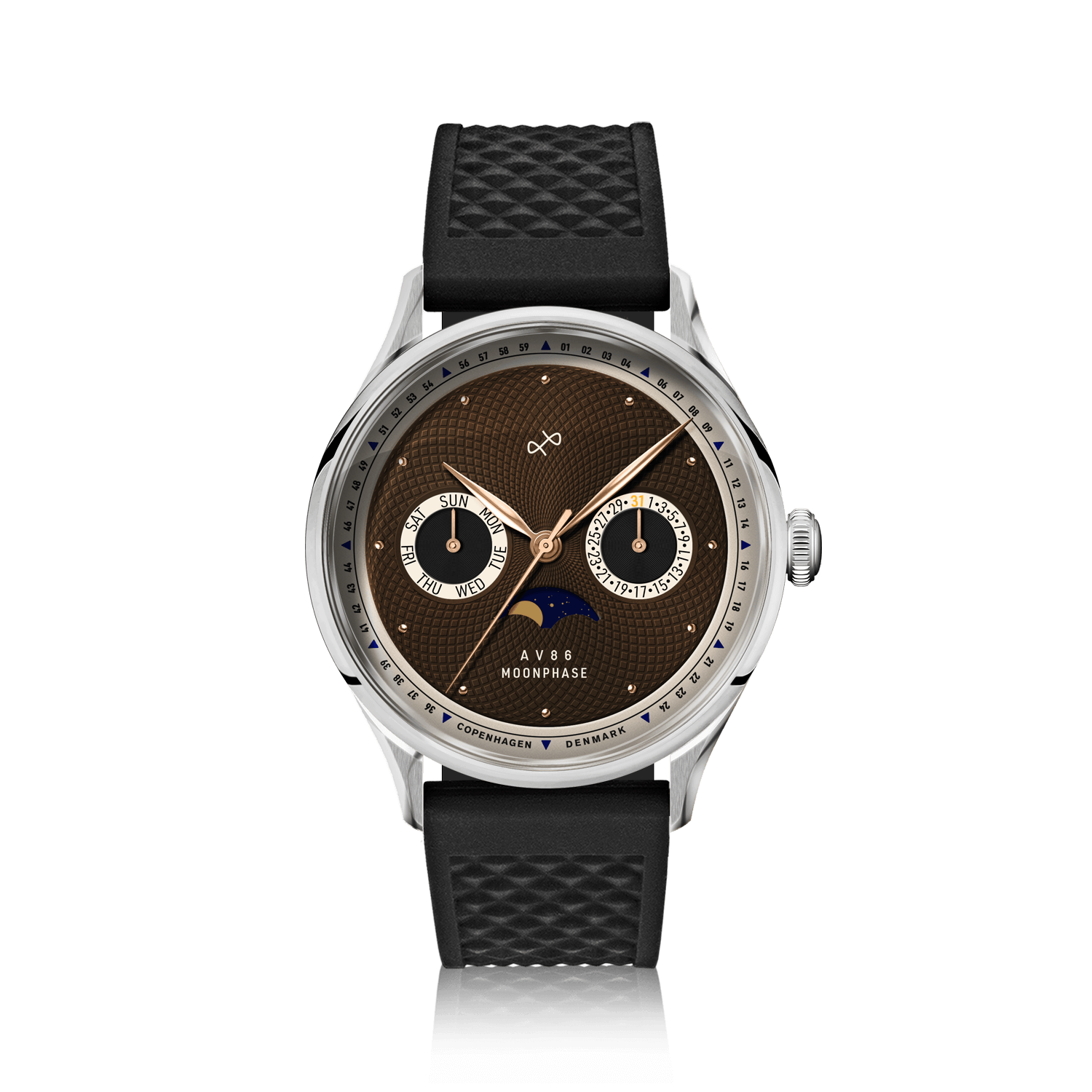 1968 Moonphase by AV86 luxury moonphase watch with sapphire crystal, vintage-inspired dial, and textured black rubber strap