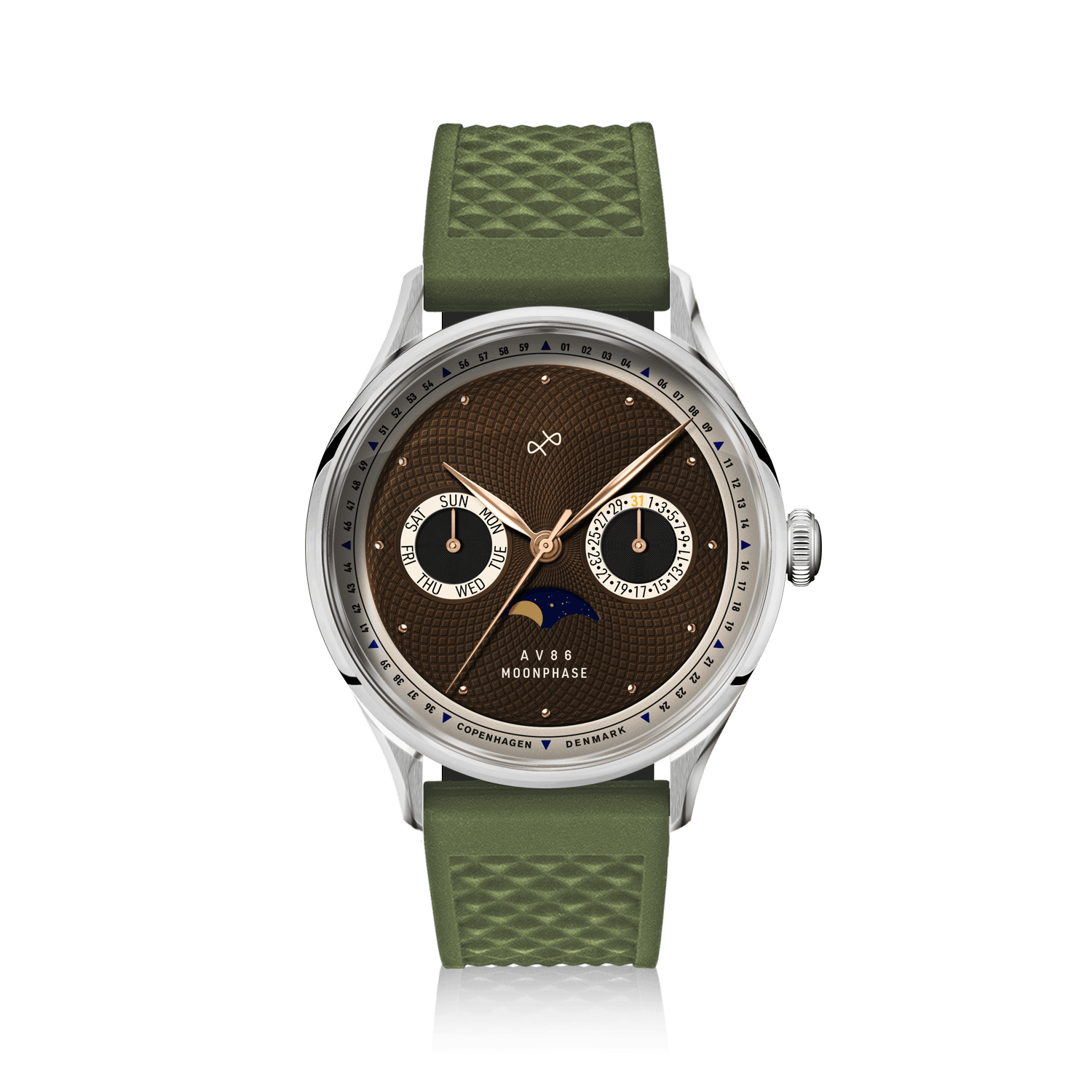 1968 Moonphase by AV86 vintage-inspired moonphase watch with sapphire crystal, textured dial, and green rubber strap
