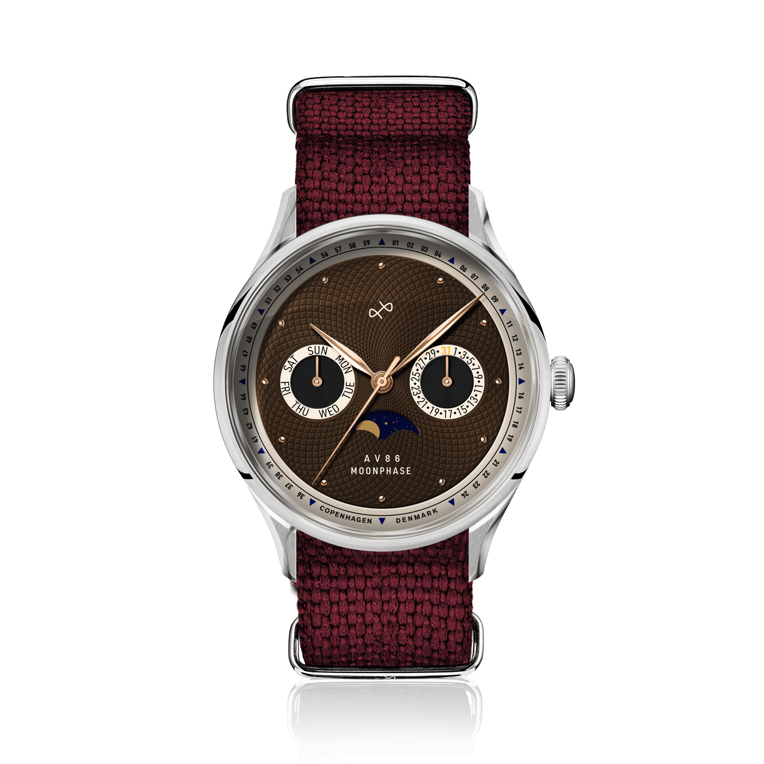 1968 Moonphase by AV86 vintage-inspired moonphase watch with sapphire crystal, textured dial, and woven burgundy fabric strap