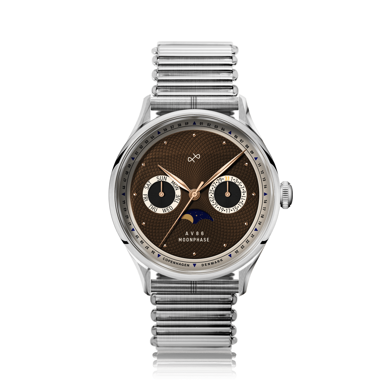 1968 Moonphase by AV86 luxury moonphase watch with sapphire crystal, vintage-inspired dial, date and day subdials, metal bracelet strap