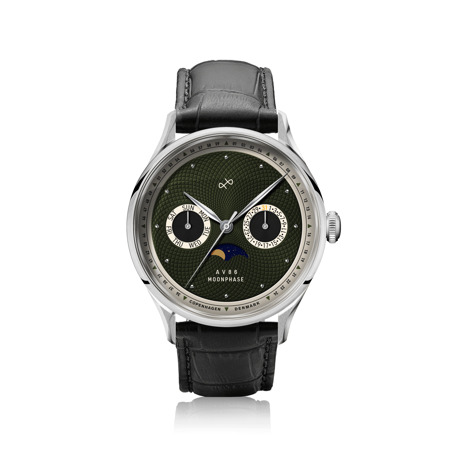 1968 Moonphase by AV86 luxury moonphase watch with sapphire crystal, vintage-inspired dial, and black leather strap
