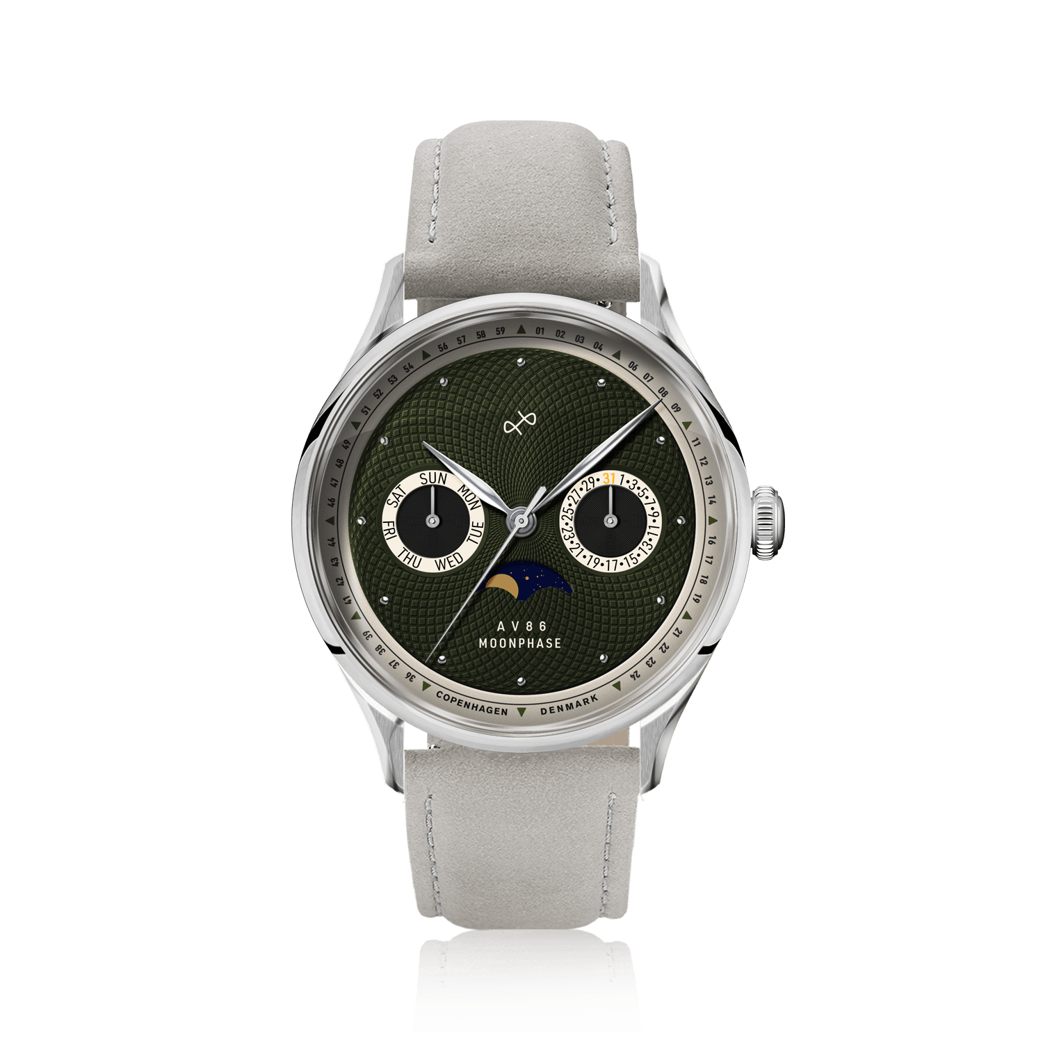 1968 Moonphase by AV86 luxury moonphase watch with textured dial, sapphire crystal, moonphase complication, and suede leather strap