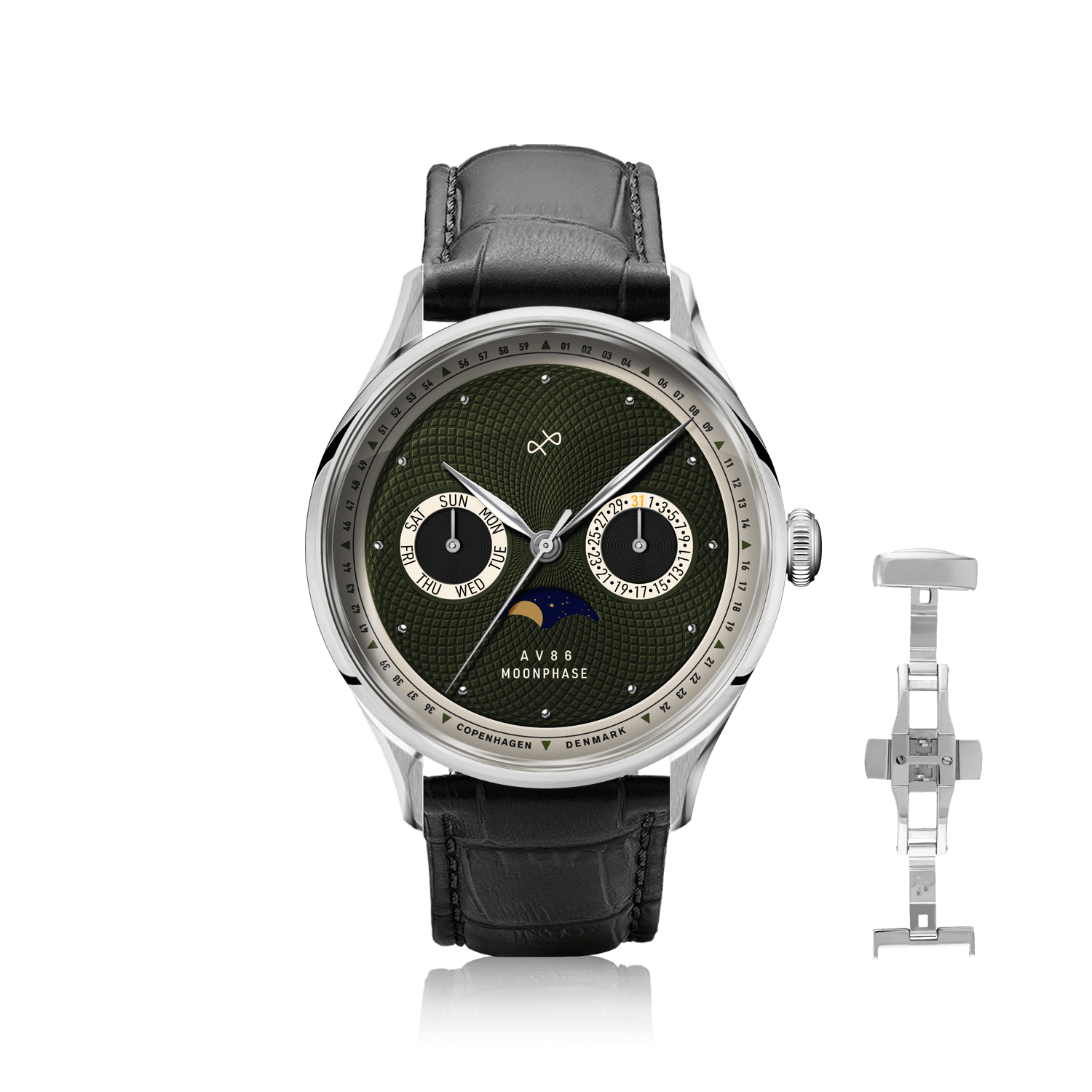 1968 Moonphase by AV86 luxury moonphase watch with textured dial, sapphire crystal, stainless steel case, and black leather strap