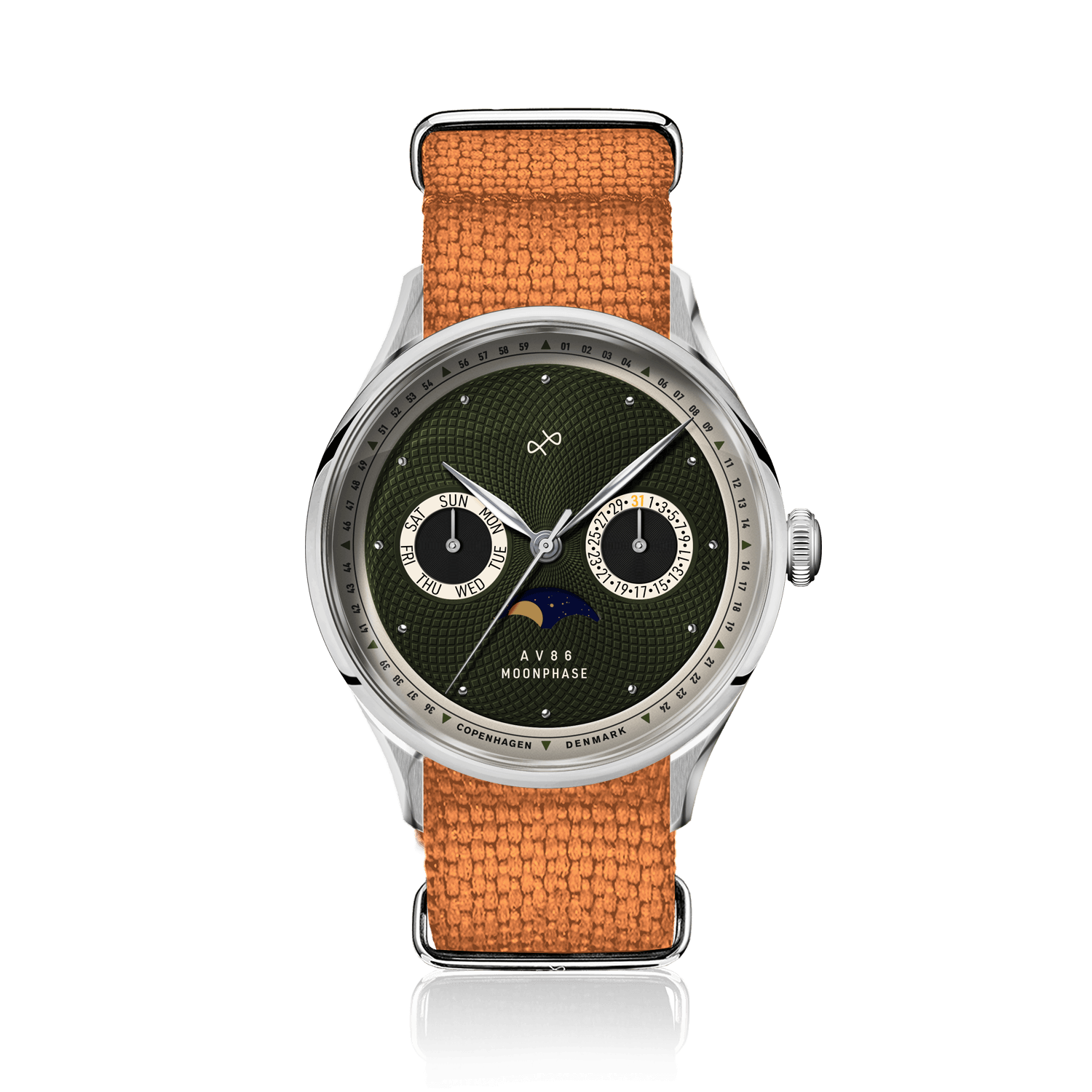 1968 Moonphase by AV86 luxury moonphase watch with sapphire crystal, textured dial, moonphase display, and woven fabric strap