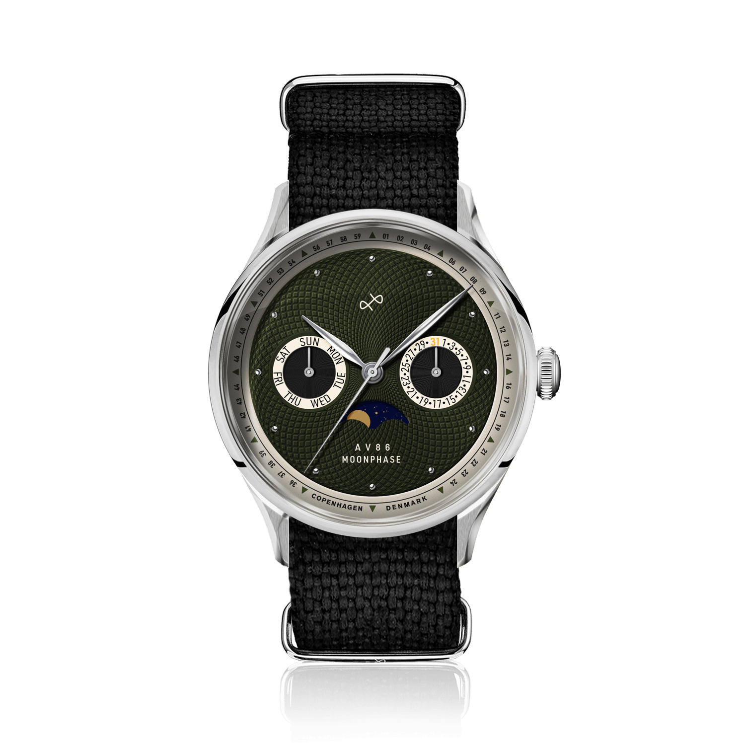 1968 Moonphase by AV86 with vintage-inspired dial, moonphase complication, sapphire crystal, and black textured fabric strap