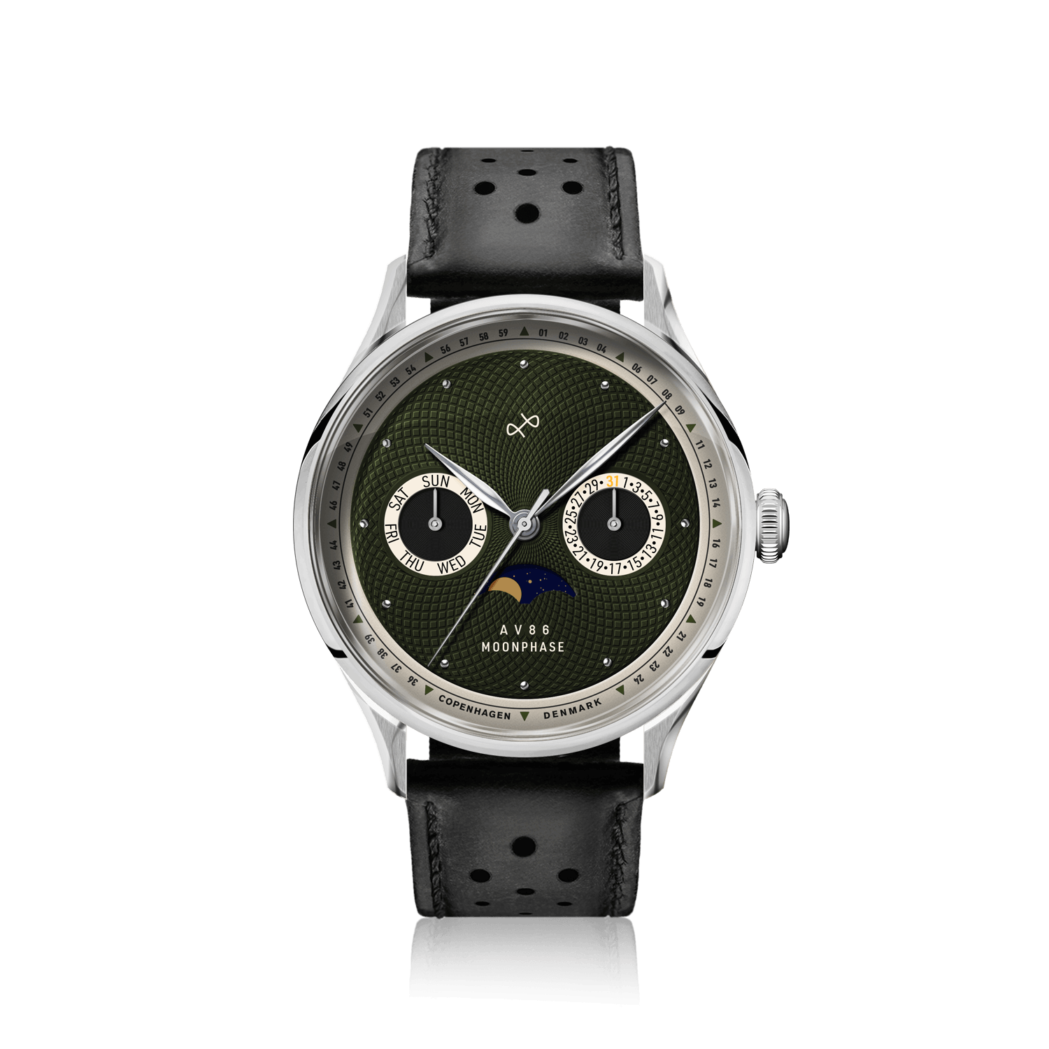 1968 Moonphase by AV86 luxury moonphase watch with textured dial, sapphire crystal, and perforated black leather strap