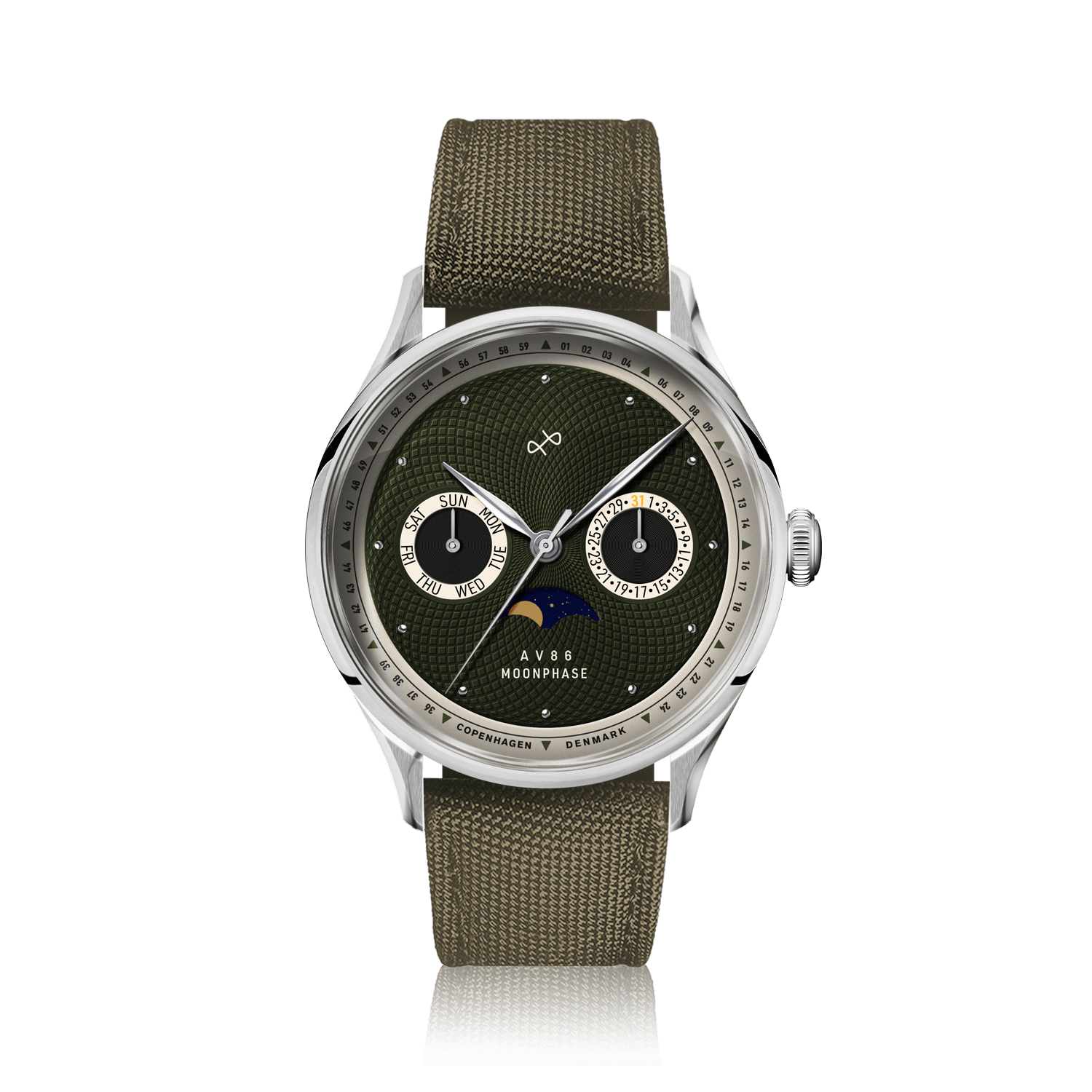 1968 Moonphase by AV86 luxury moonphase watch with sapphire crystal, textured dial, date and day subdials, fabric strap