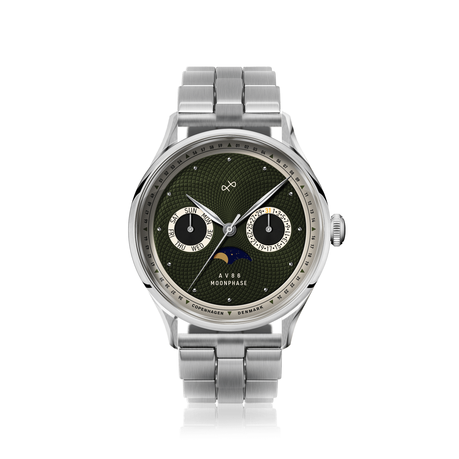 1968 Moonphase by AV86 luxury moonphase watch with sapphire crystal, stainless steel case, textured dial, and metal bracelet strap