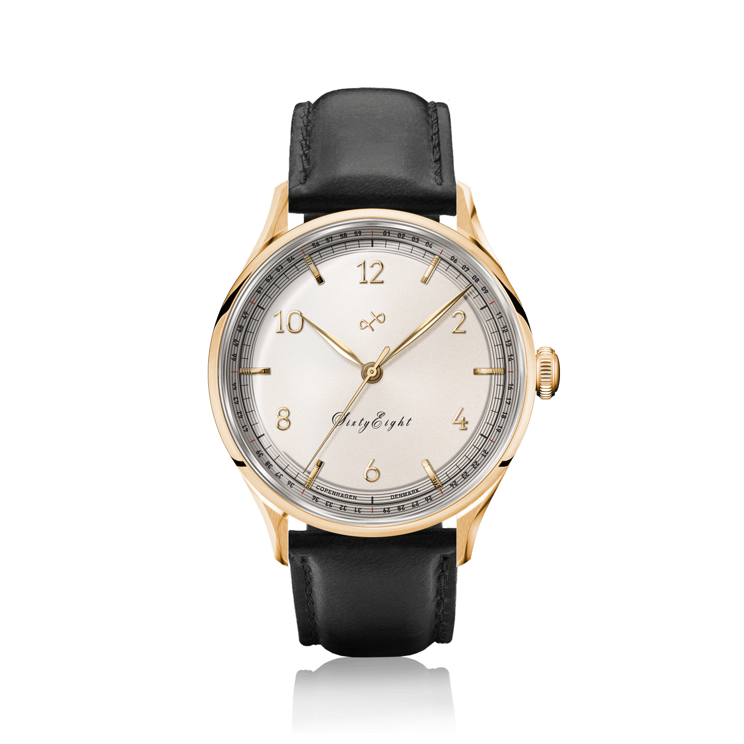 1968 Sixtyeight by AV86 vintage-inspired dress watch with gold case, sapphire crystal, and black leather strap