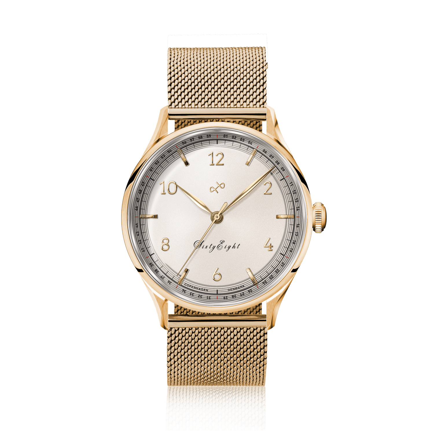 1968 Sixtyeight by AV86 vintage-inspired dress watch with sapphire crystal, gold case, mesh bracelet, and minimalist dial design