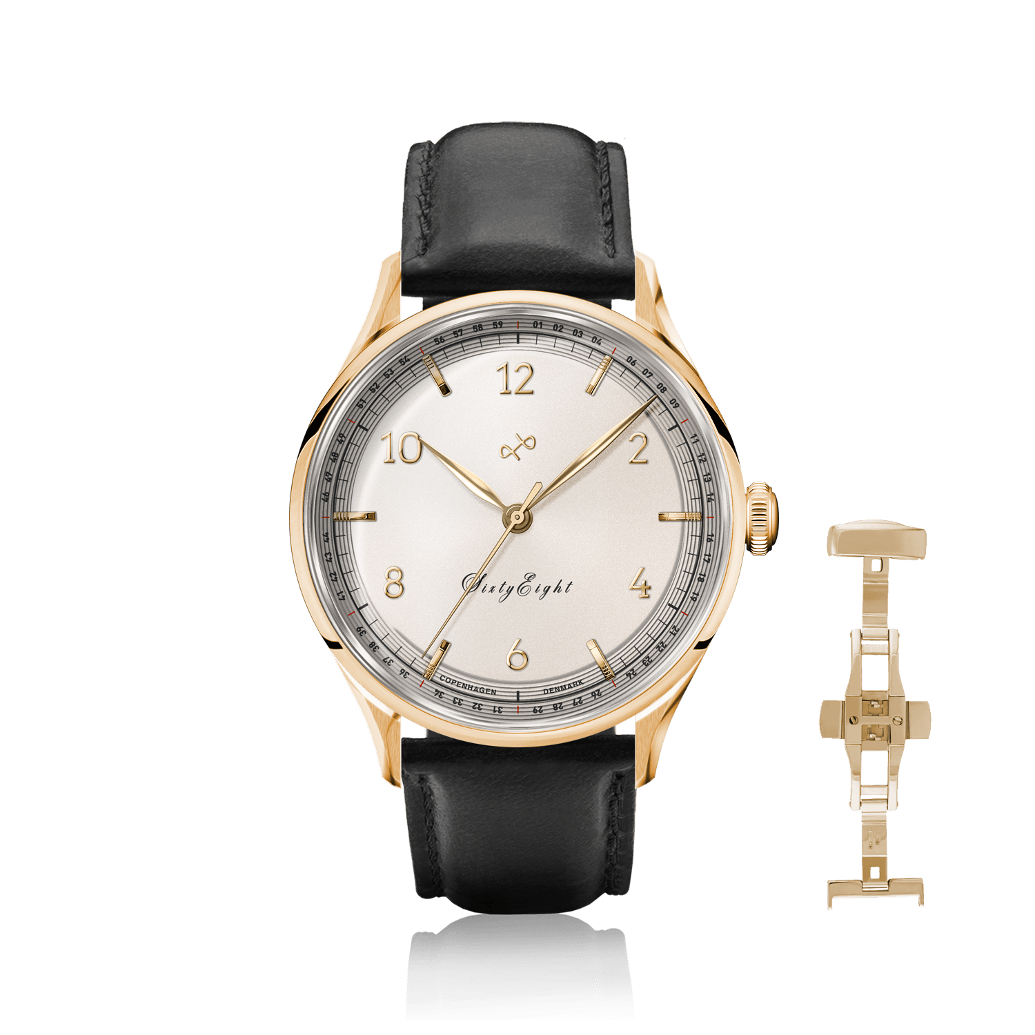 1968 Sixtyeight by AV86 vintage-inspired dress watch with sapphire crystal, gold case, and black leather strap with deployant clasp