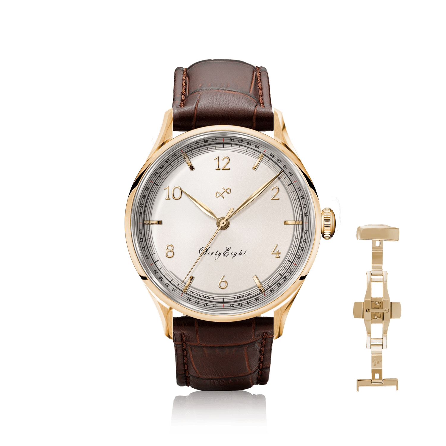 1968 Sixtyeight by AV86 vintage-inspired dress watch with sapphire crystal, gold case, and brown leather strap