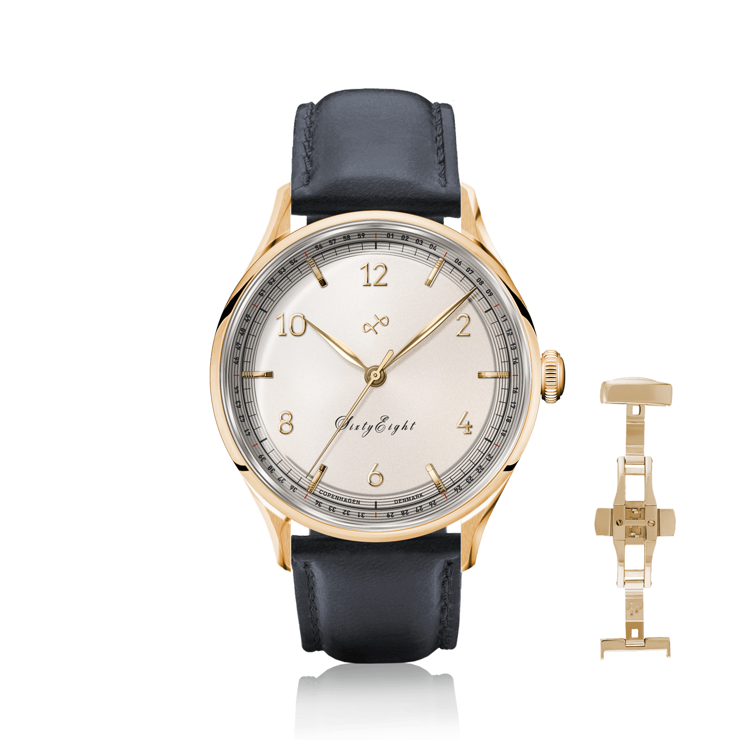 1968 Sixtyeight by AV86 vintage-inspired dress watch with sapphire crystal, gold case, and black leather strap with deployant clasp