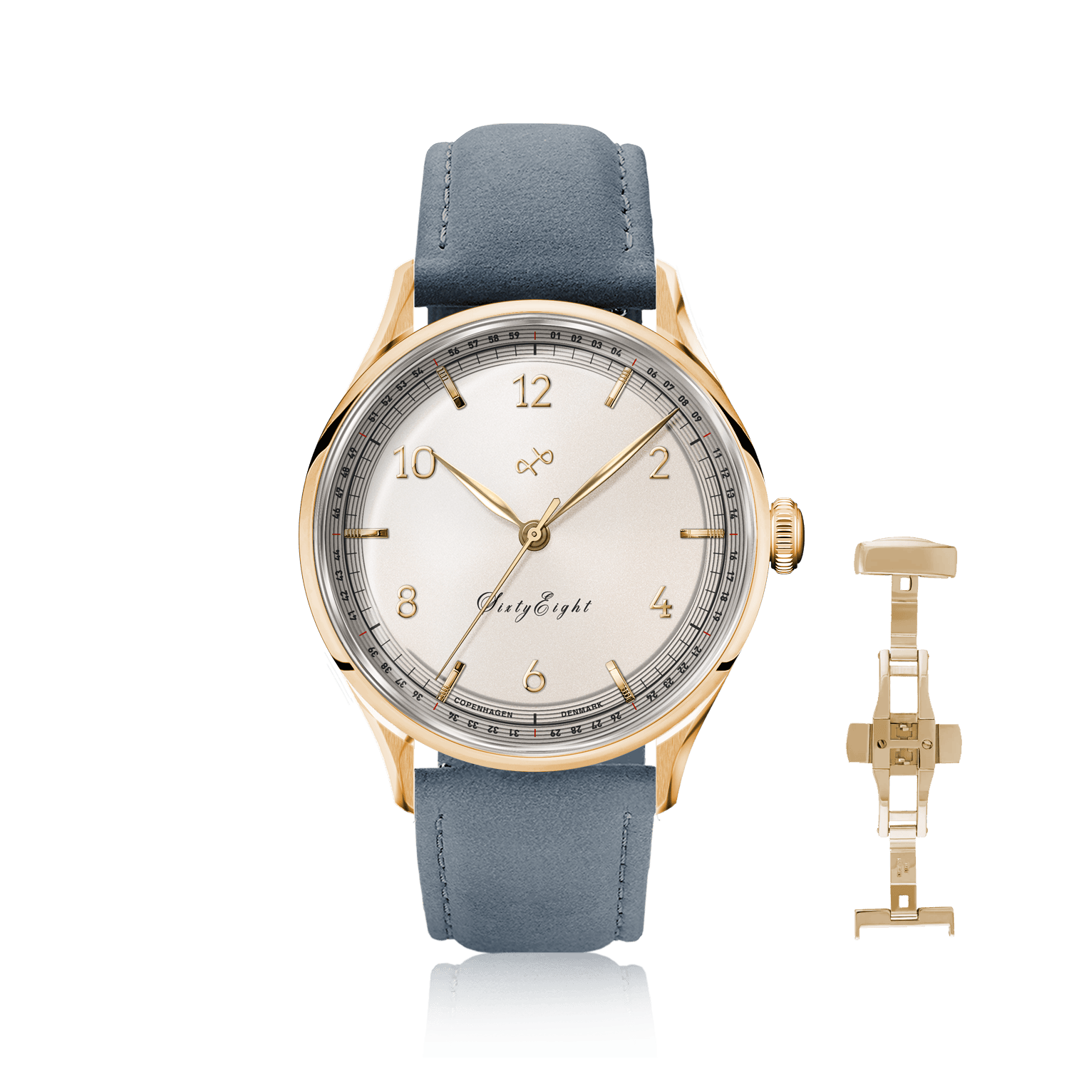 1968 Sixtyeight by AV86 vintage-inspired dress watch with sapphire crystal, gold case, and blue leather strap