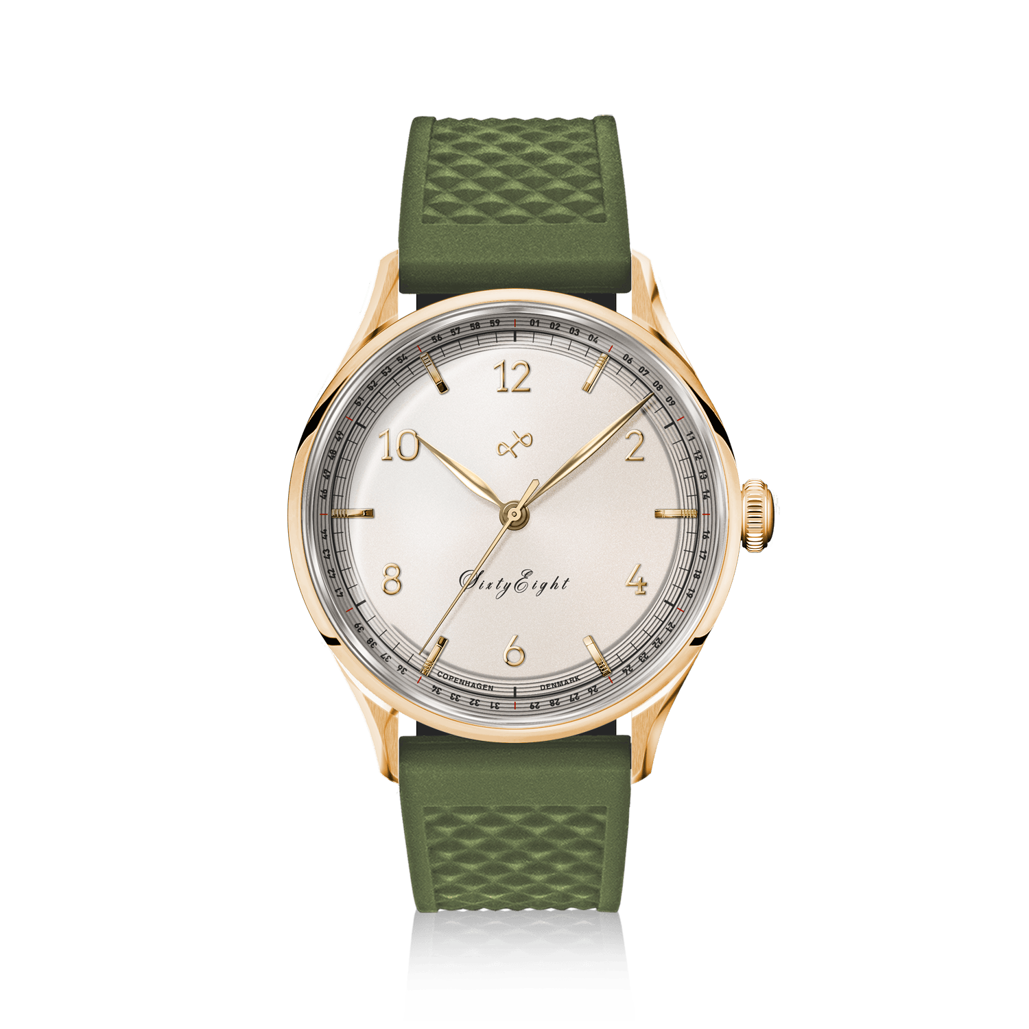 1968 Sixtyeight by AV86 vintage-inspired dress watch with sapphire crystal, gold-tone case, and textured rubber strap