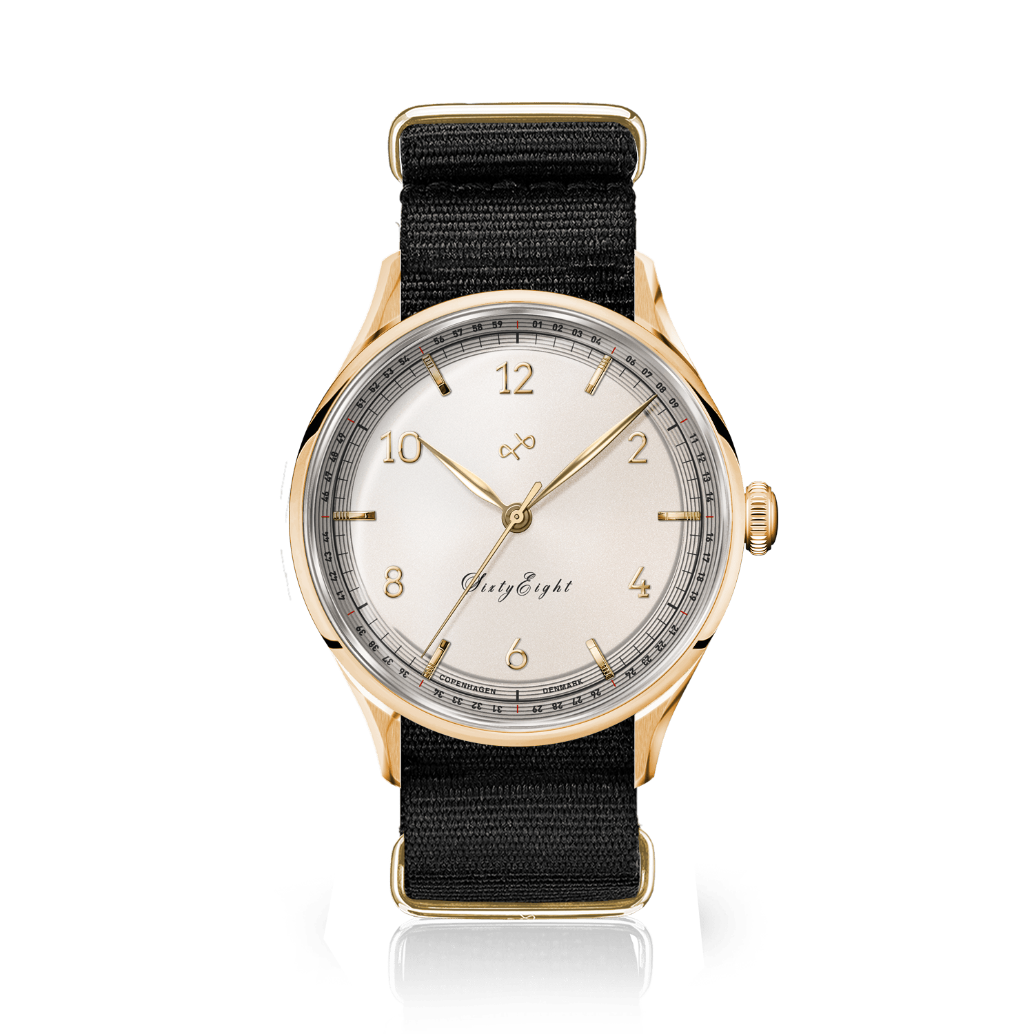 1968 Sixtyeight by AV86 vintage-inspired dress watch with gold case, sapphire crystal, and black fabric strap
