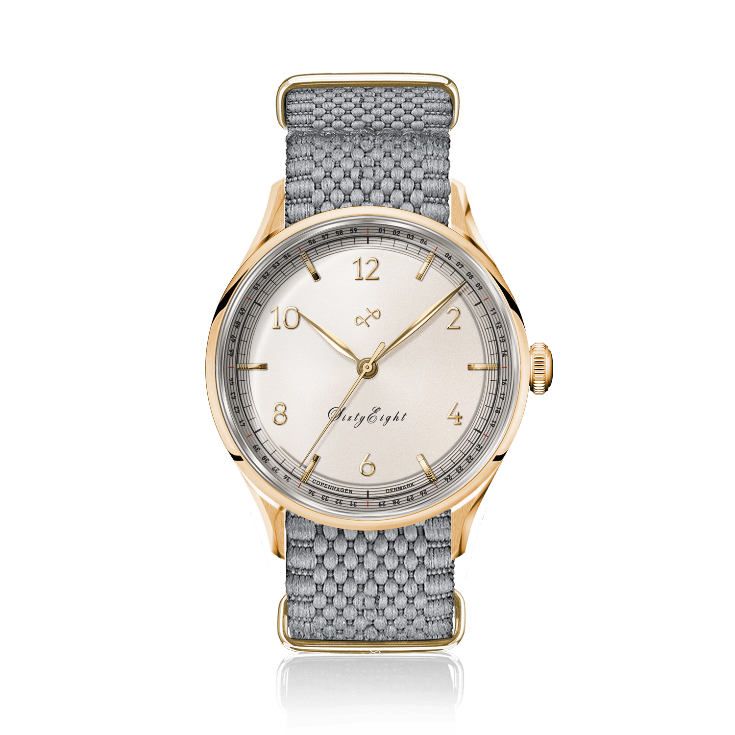 1968 Sixtyeight by AV86 vintage-inspired dress watch with sapphire crystal, gold case, minimalist dial, and textured fabric strap