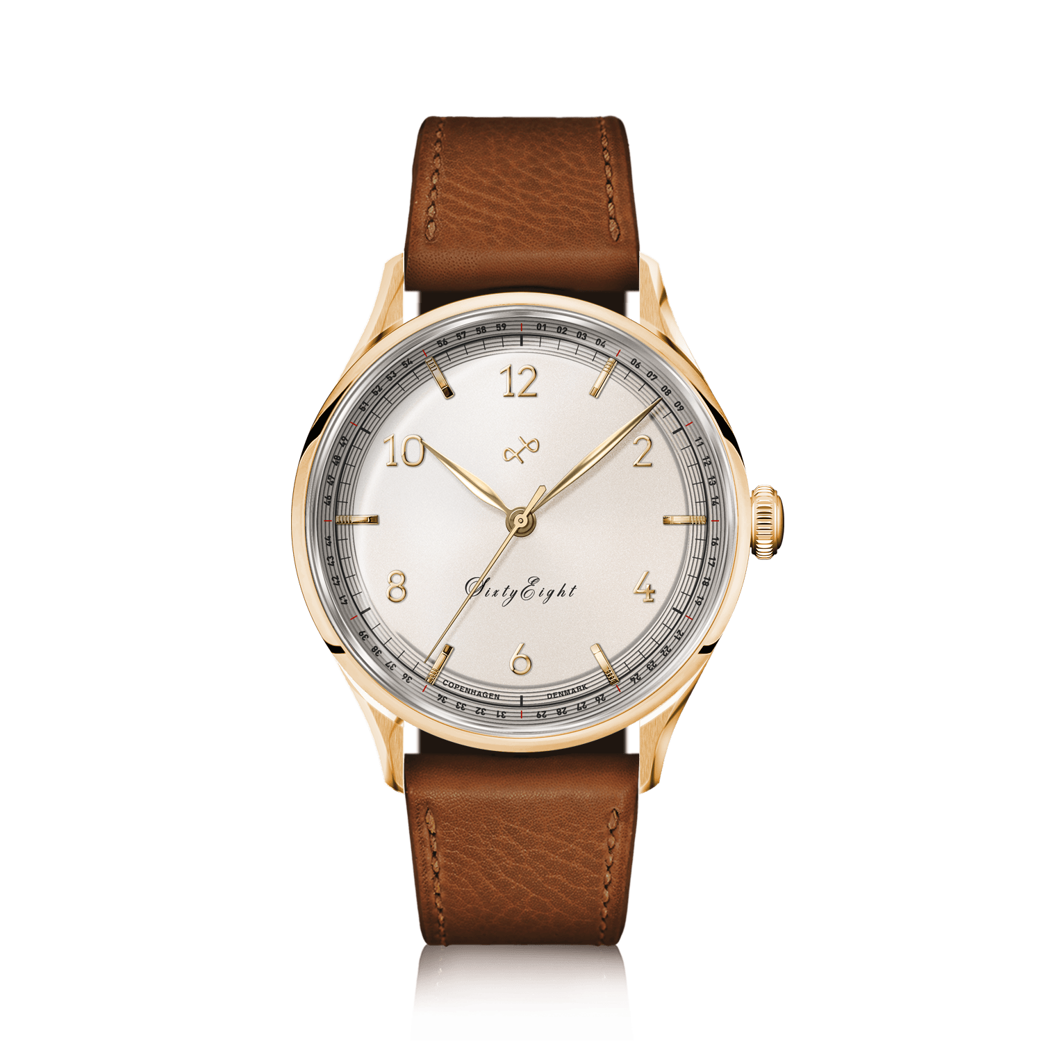 1968 Sixtyeight by AV86 vintage-inspired dress watch with gold case, sapphire crystal, subtle dial, and brown leather strap