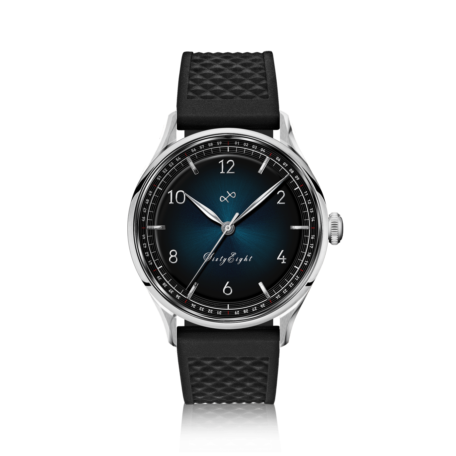 1968 Sixtyeight by AV86 vintage-inspired dress watch with sapphire crystal, blue sunray dial, and black textured rubber strap