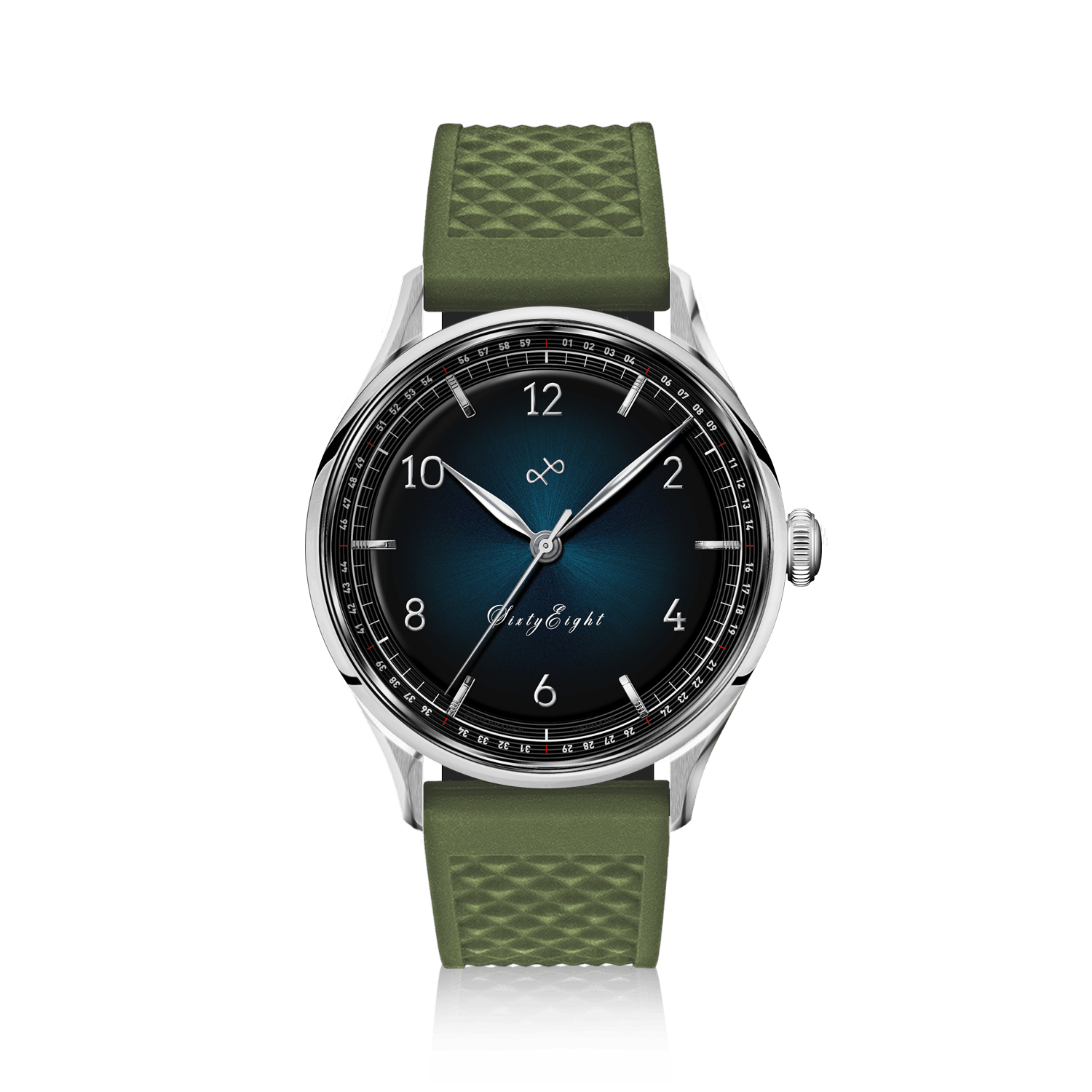 1968 Sixtyeight by AV86 vintage-inspired dress watch with sapphire crystal, textured rubber strap, and detailed sunray dial