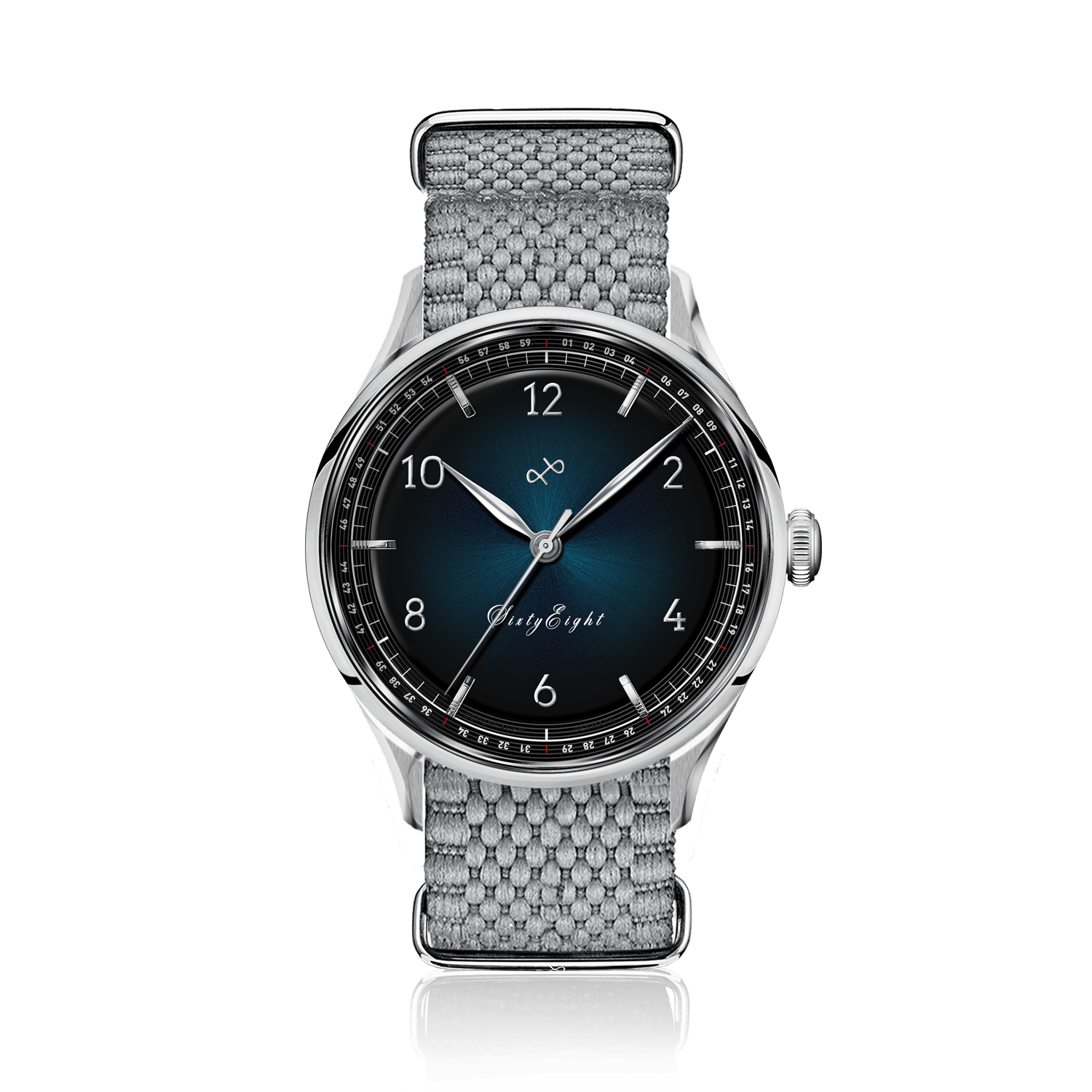 1968 Sixtyeight by AV86 vintage-inspired dress watch with sapphire crystal, sunray dial, and textured grey fabric strap