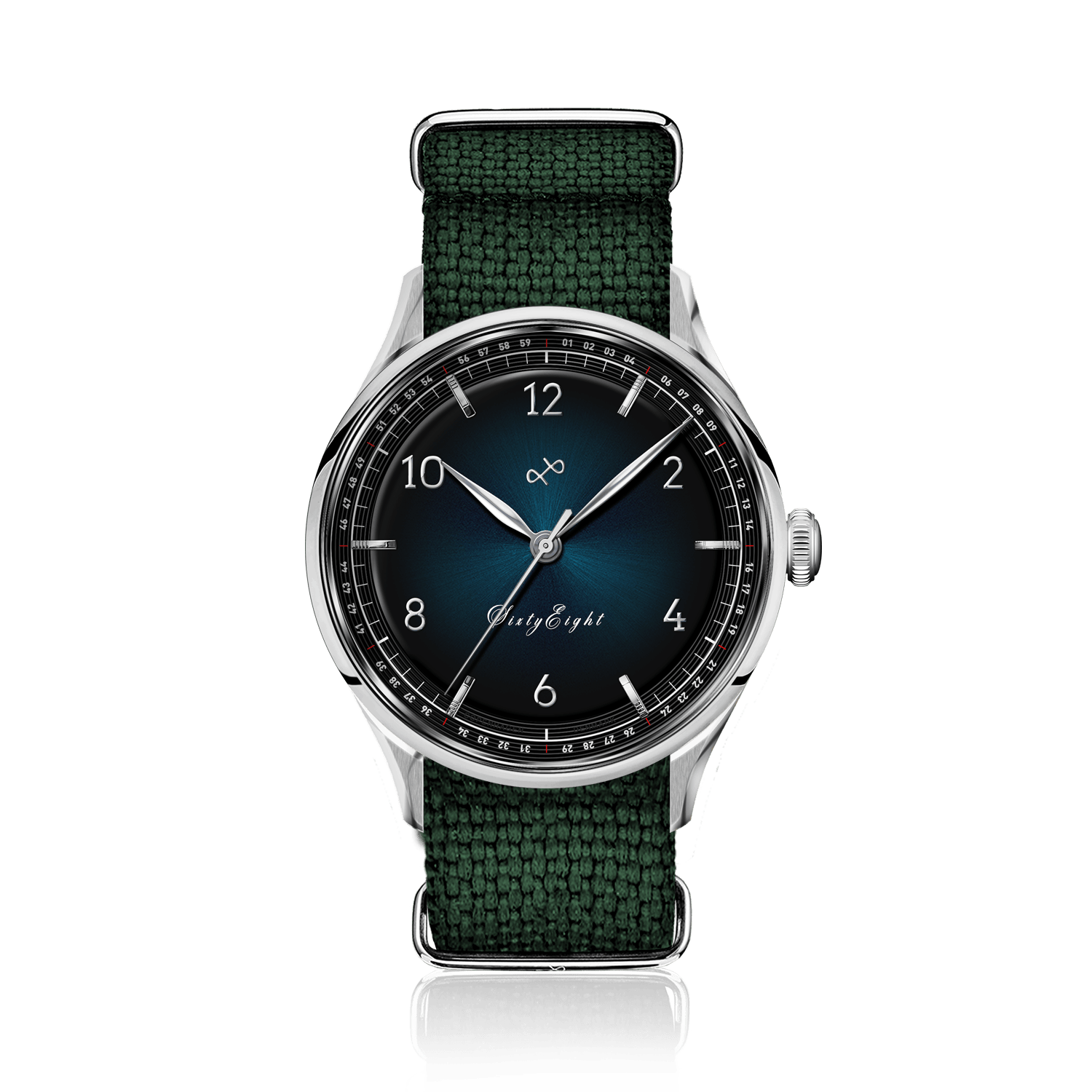 1968 Sixtyeight by AV86 vintage-inspired dress watch with sapphire crystal, blue sunray dial, and textured fabric strap