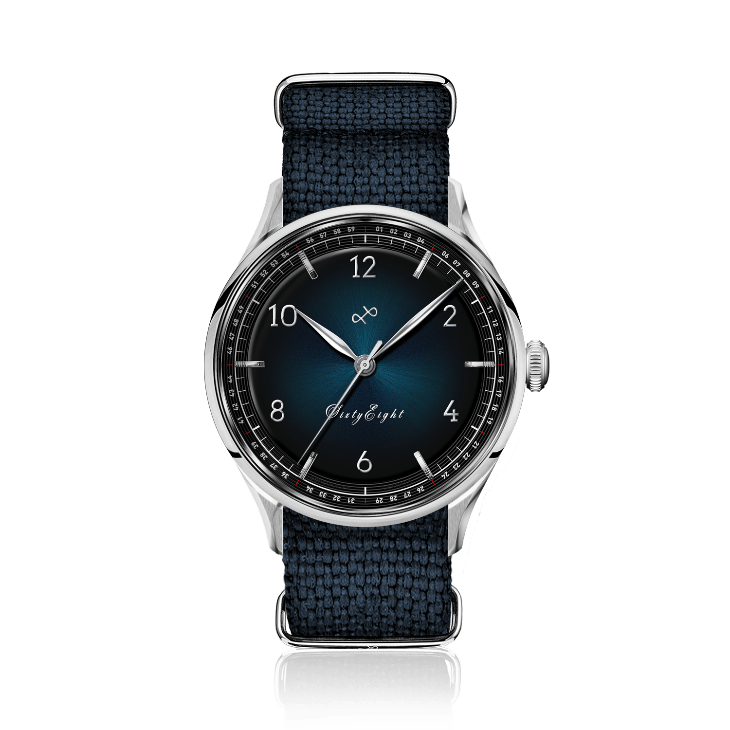 1968 Sixtyeight by AV86 vintage-inspired dress watch with sunray dial, sapphire crystal, and textured fabric strap
