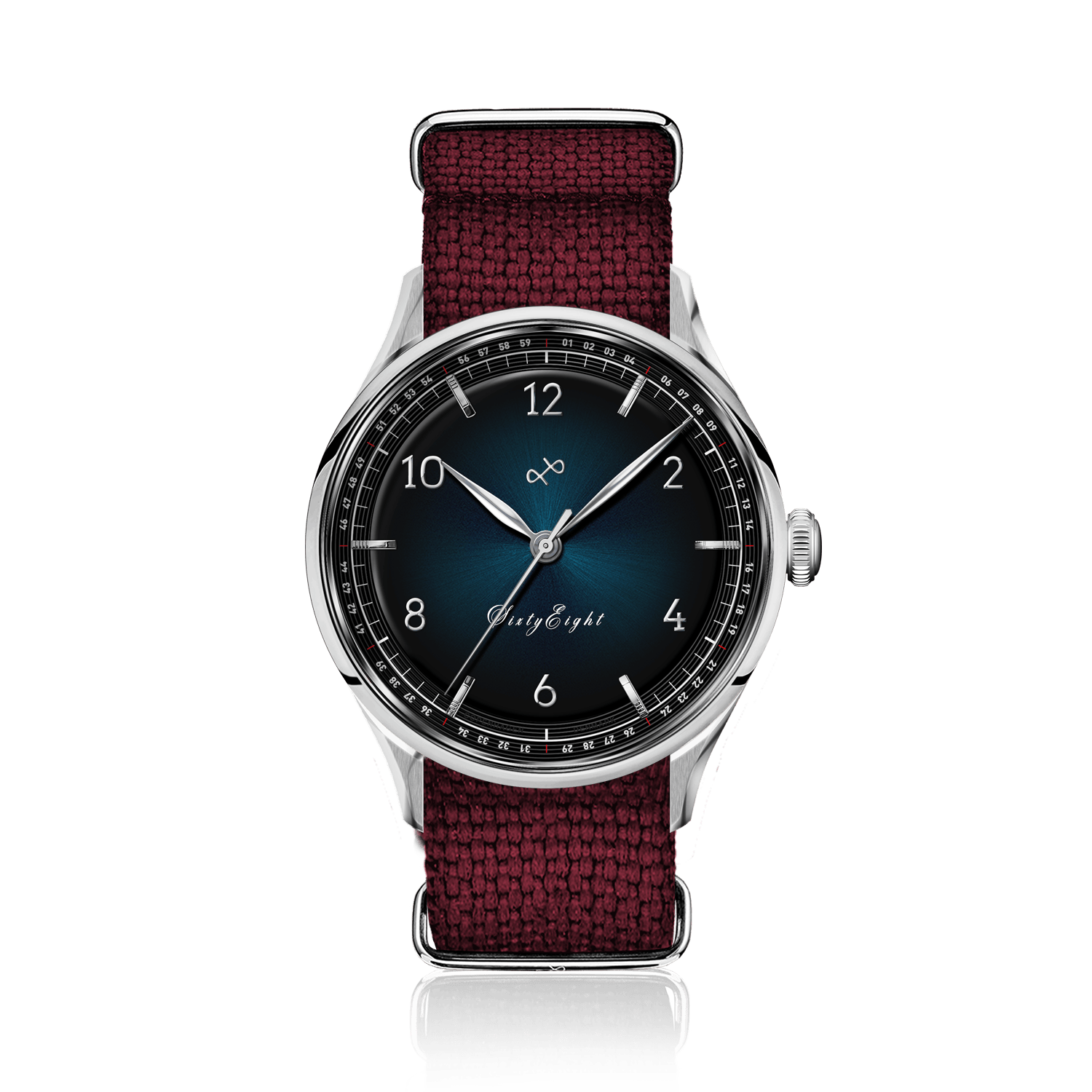 1968 Sixtyeight by AV86 vintage-inspired dress watch with sapphire crystal, blue sunray dial, and woven fabric strap