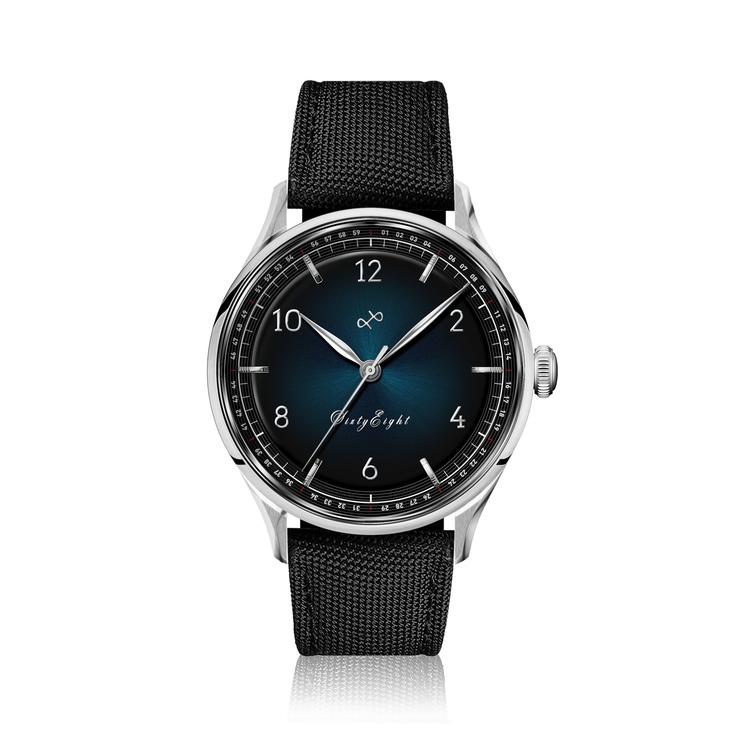 1968 Sixtyeight by AV86 vintage-inspired dress watch with sapphire crystal, blue sunray dial, and black fabric strap