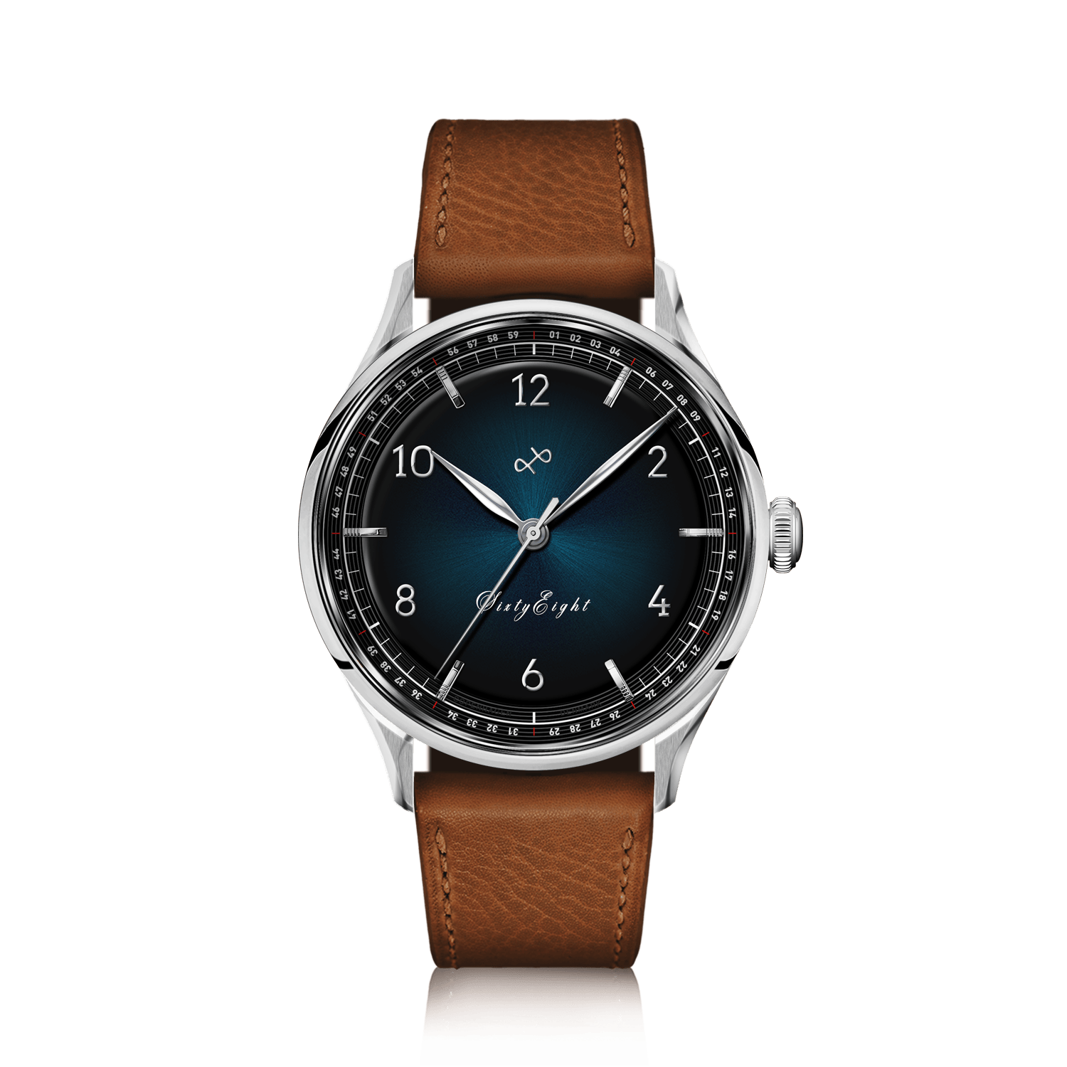 1968 Sixtyeight by AV86 vintage-inspired dress watch with sapphire crystal, sunray dial, and brown leather strap