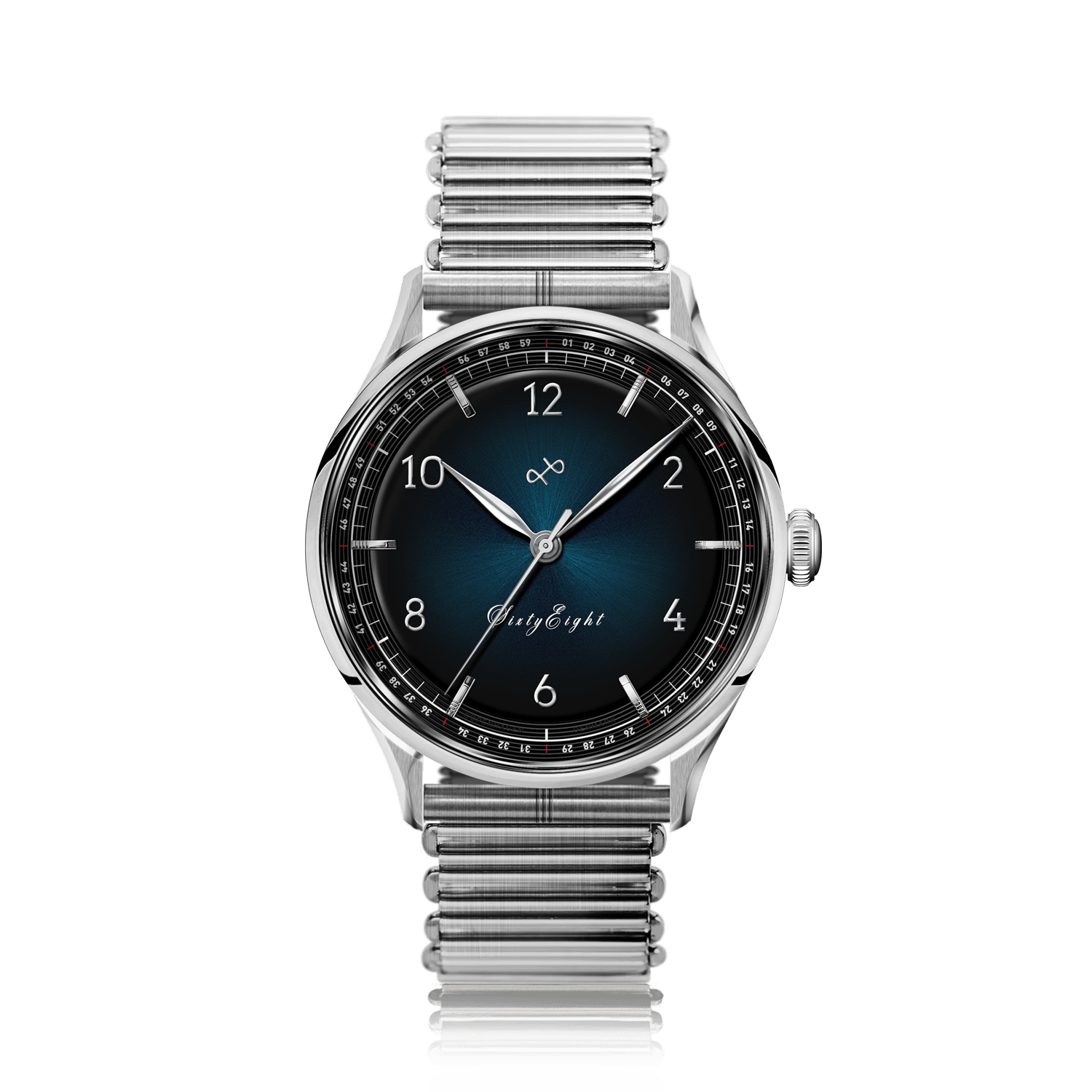 1968 Sixtyeight by AV86 vintage-inspired dress watch with sapphire crystal, blue sunray dial, and stainless steel bracelet strap