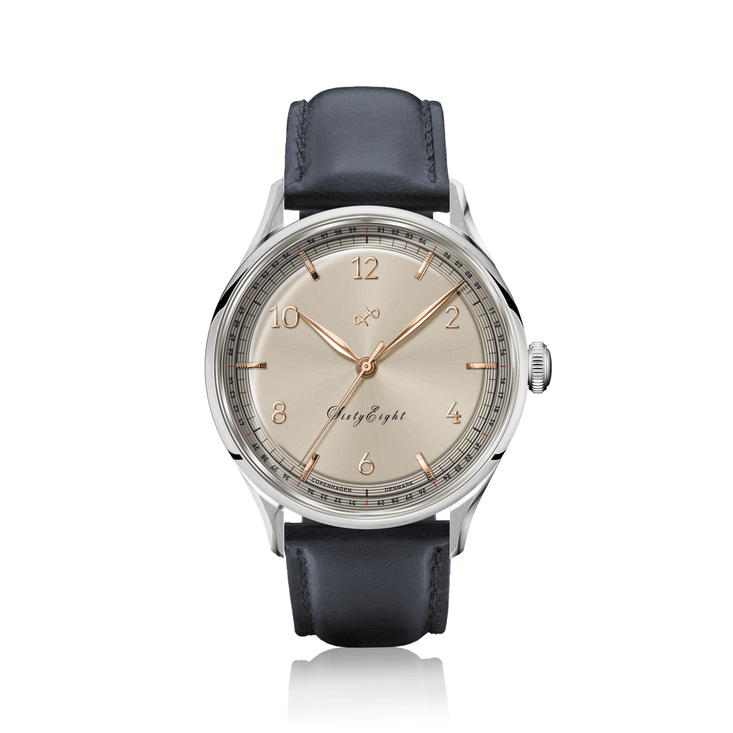 1968 Sixtyeight by AV86 vintage-inspired dress watch with sapphire crystal, minimalist dial, and black leather strap