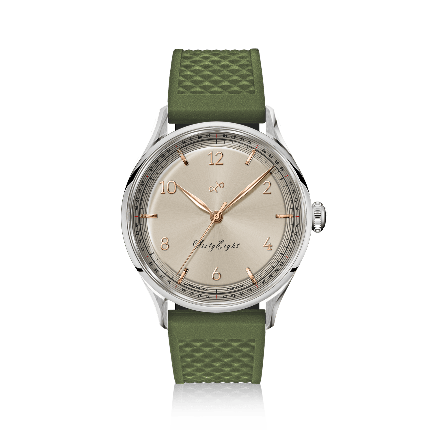 1968 Sixtyeight by AV86 vintage-inspired quartz dress watch with sapphire crystal, champagne dial, and textured rubber strap