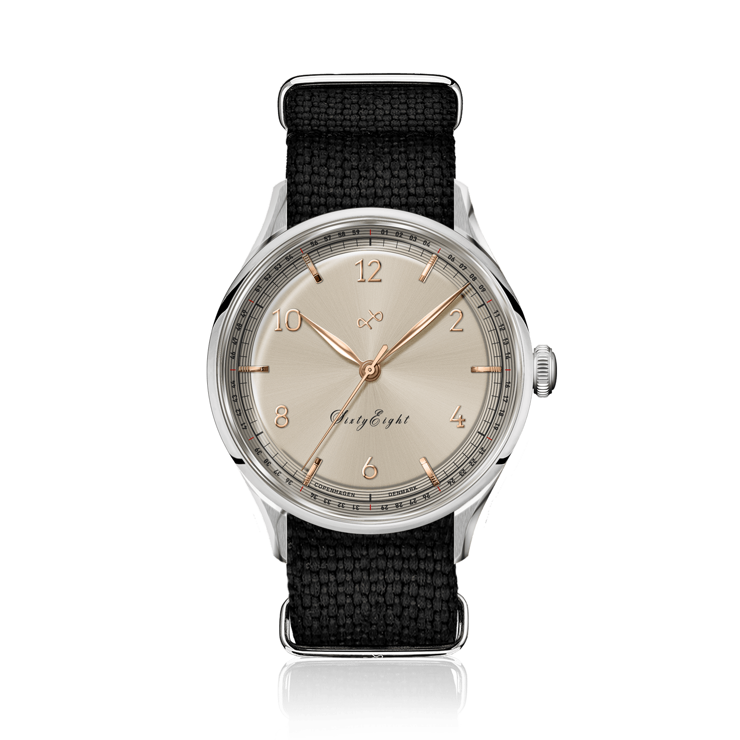 1968 Sixtyeight by AV86 vintage-inspired dress watch with sapphire crystal, elegant dial, and black fabric strap