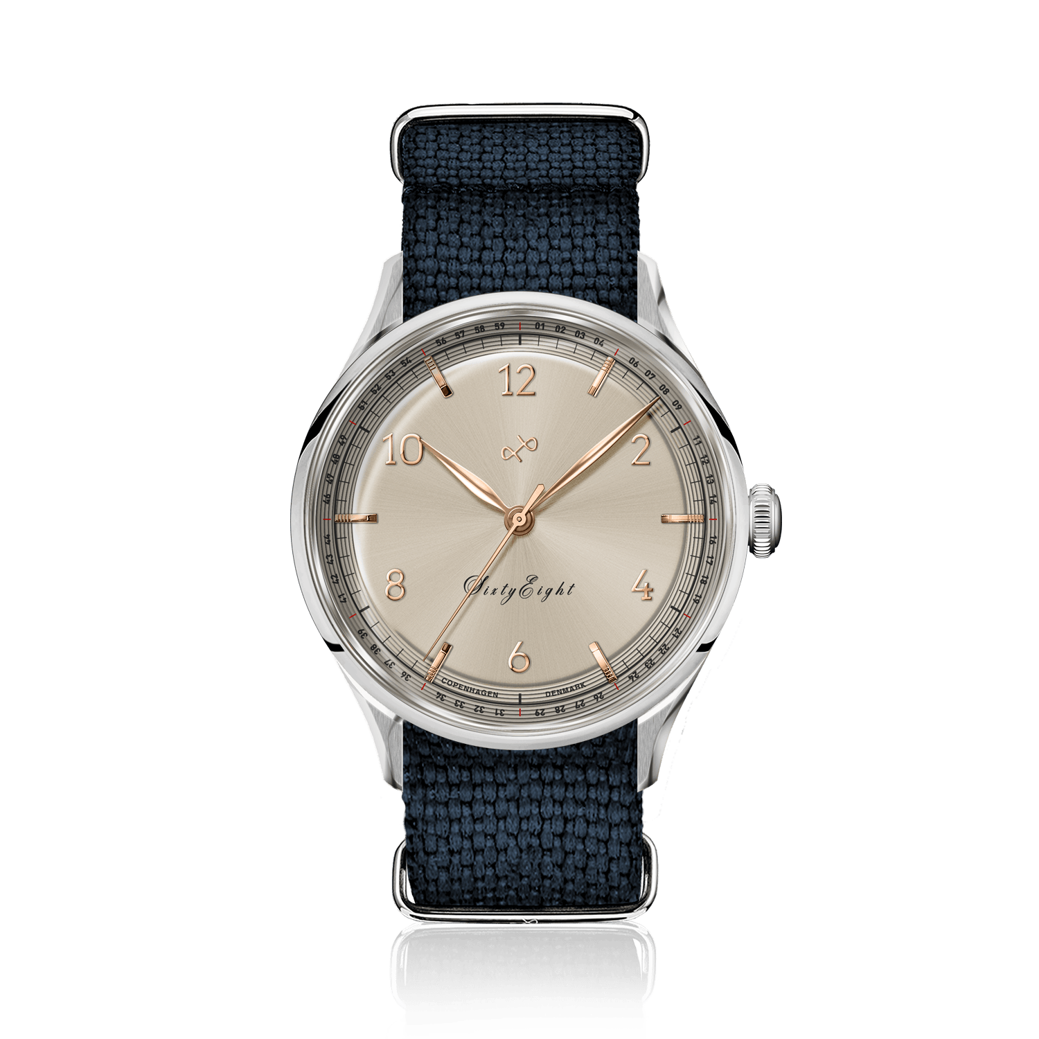 1968 Sixtyeight by AV86 vintage-inspired dress watch with sapphire crystal, subtle dial detailing, and textured fabric strap