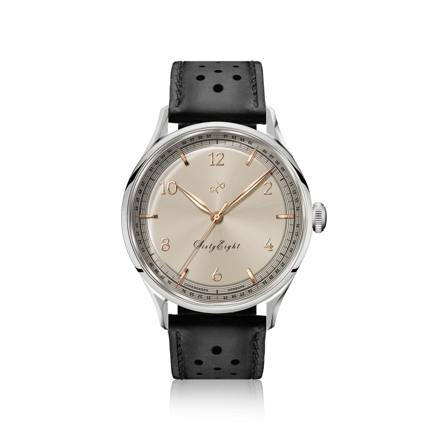1968 Sixtyeight by AV86 vintage-inspired dress watch with sapphire crystal, elegant dial, and perforated black leather strap
