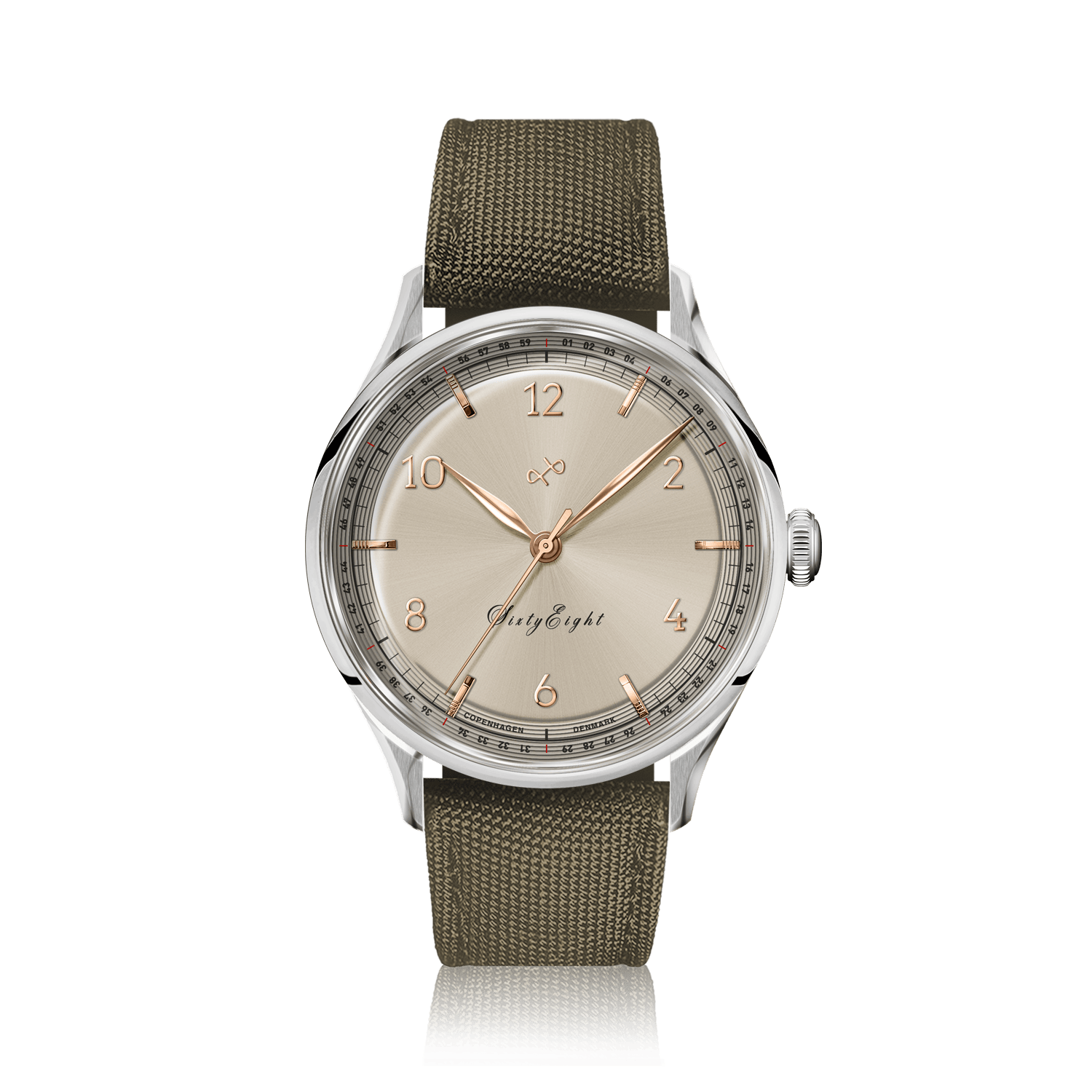 1968 Sixtyeight by AV86 vintage-inspired dress watch with sapphire crystal, subtle dial, and textured fabric strap
