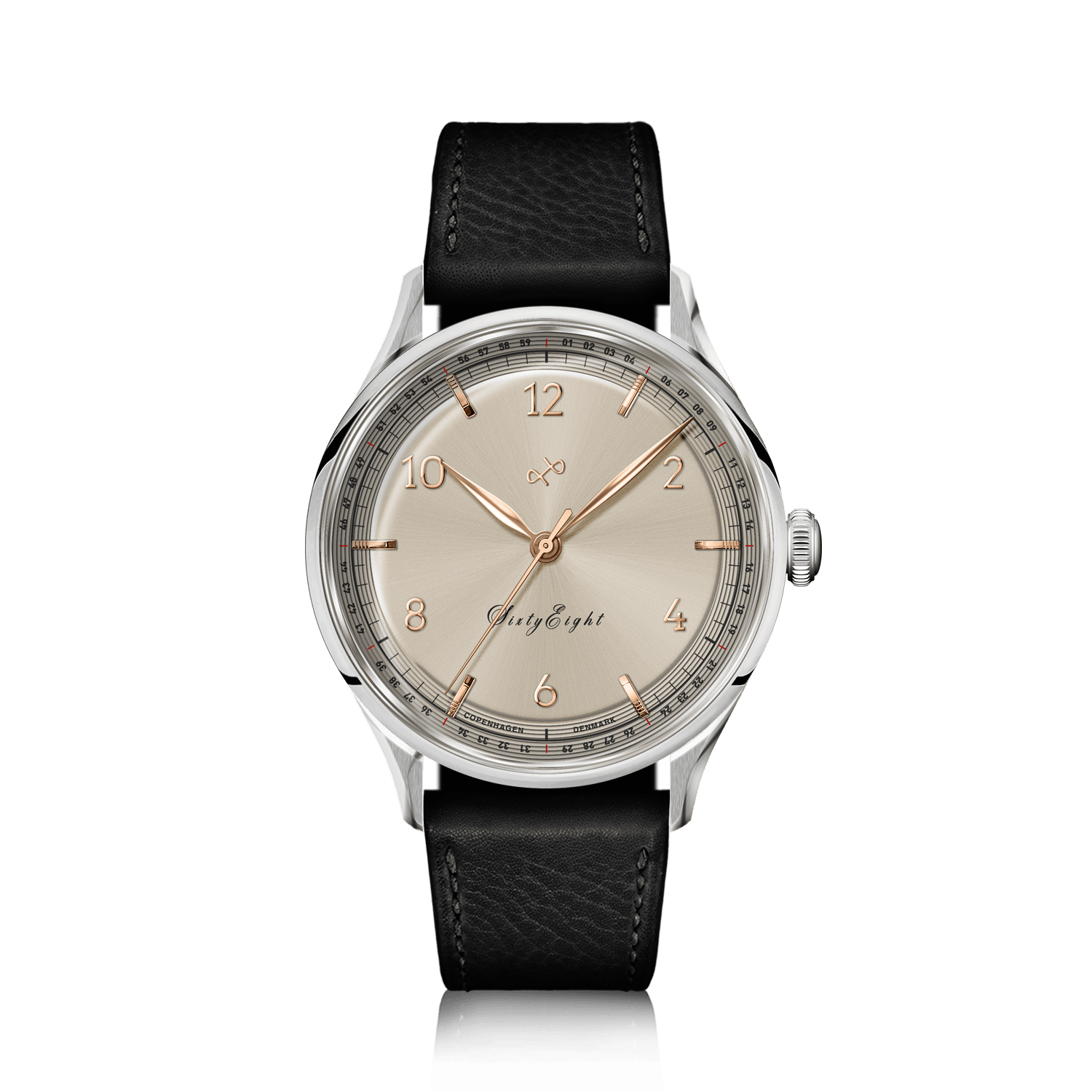 1968 Sixtyeight by AV86 vintage-inspired dress watch with sapphire crystal, champagne dial, and black leather strap