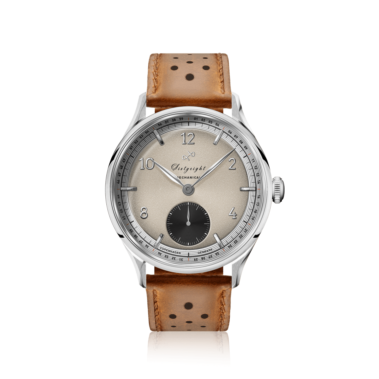 1968 Mechanical (Hand-Wound) by AV86 vintage-inspired dress watch with mechanical movement, domed sapphire crystal, and perforated leather strap