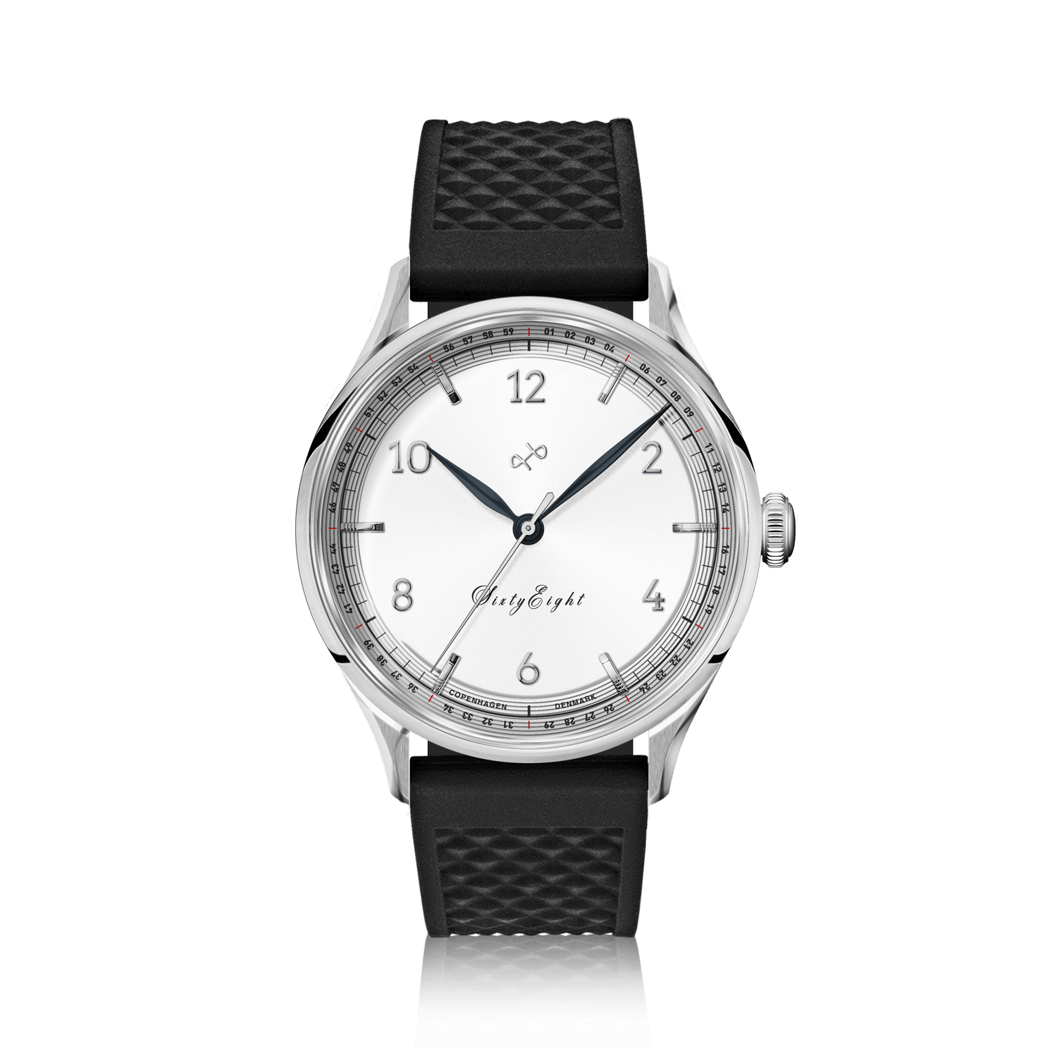 1968 Sixtyeight by AV86 vintage-inspired dress watch with sapphire crystal, stainless steel case, and textured black rubber strap